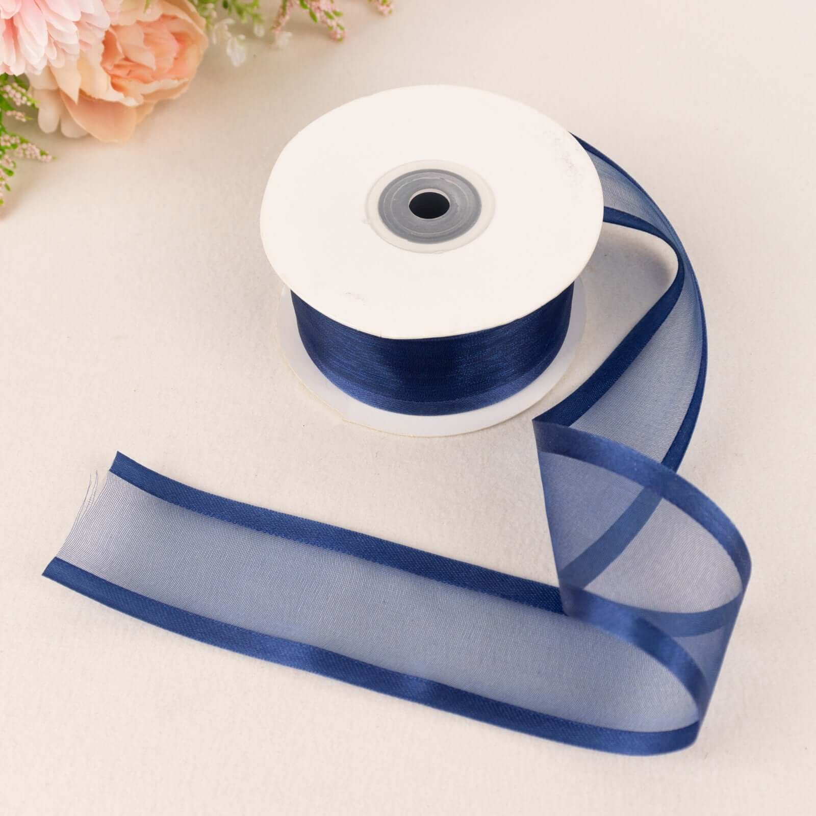 Premium 25-Yard 1.5-Inch Navy Blue Sheer Organza Ribbon with Satin Edges for Decor