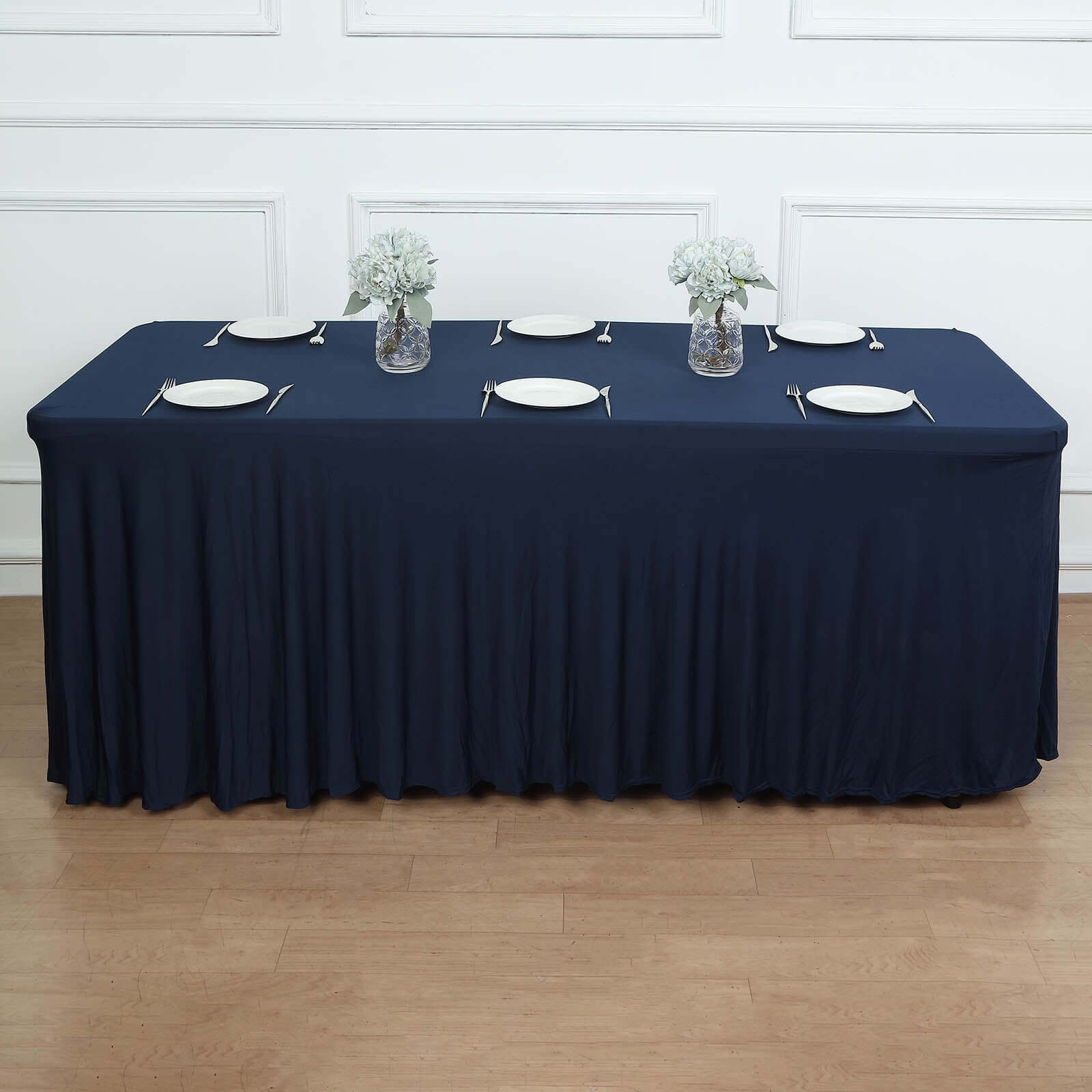 Hot Deal! Navy Blue Spandex Table Skirt with Wavy Effect for 6ft Tables