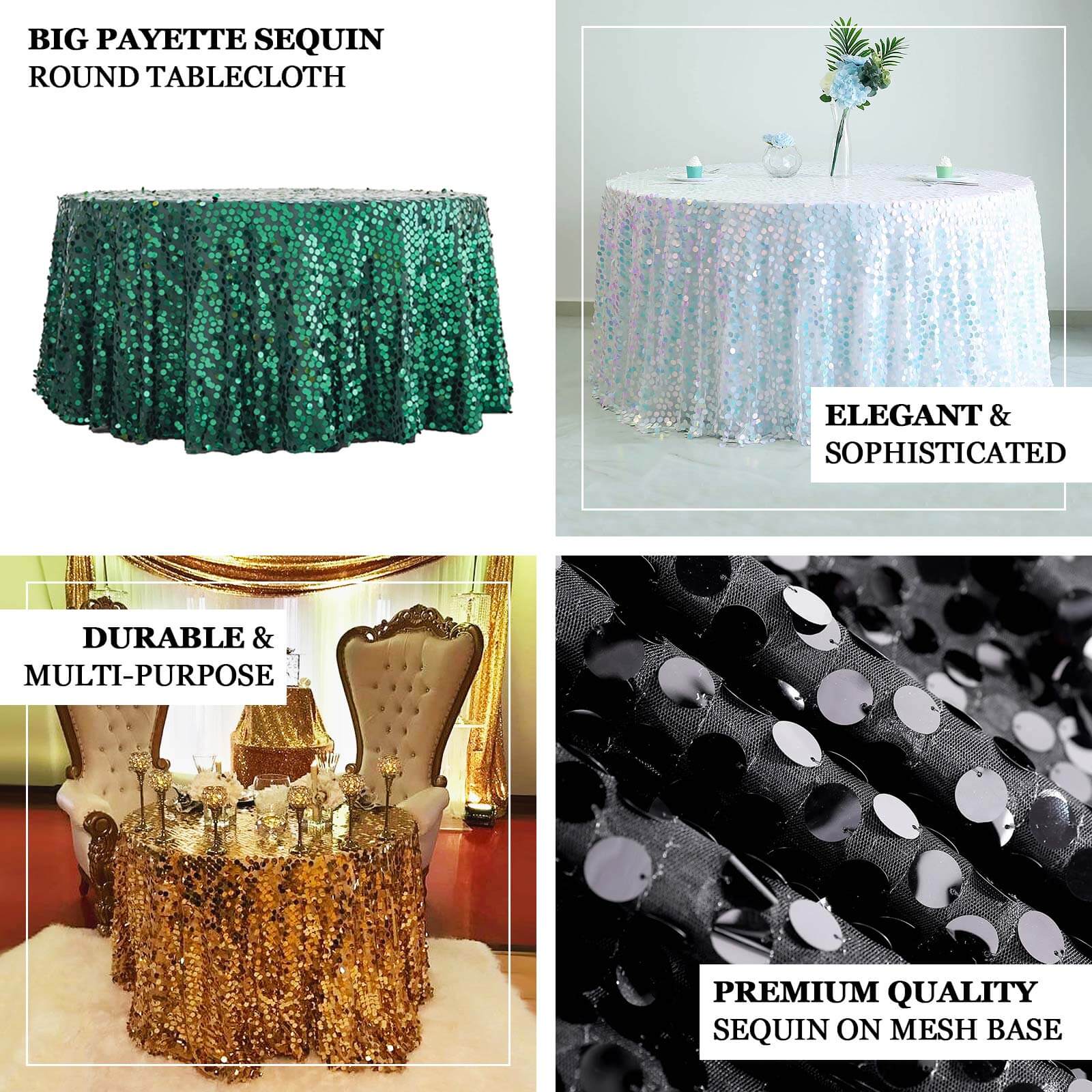 Seamless 120 - inch Round Hunter Emerald Green Sequin Tablecloth