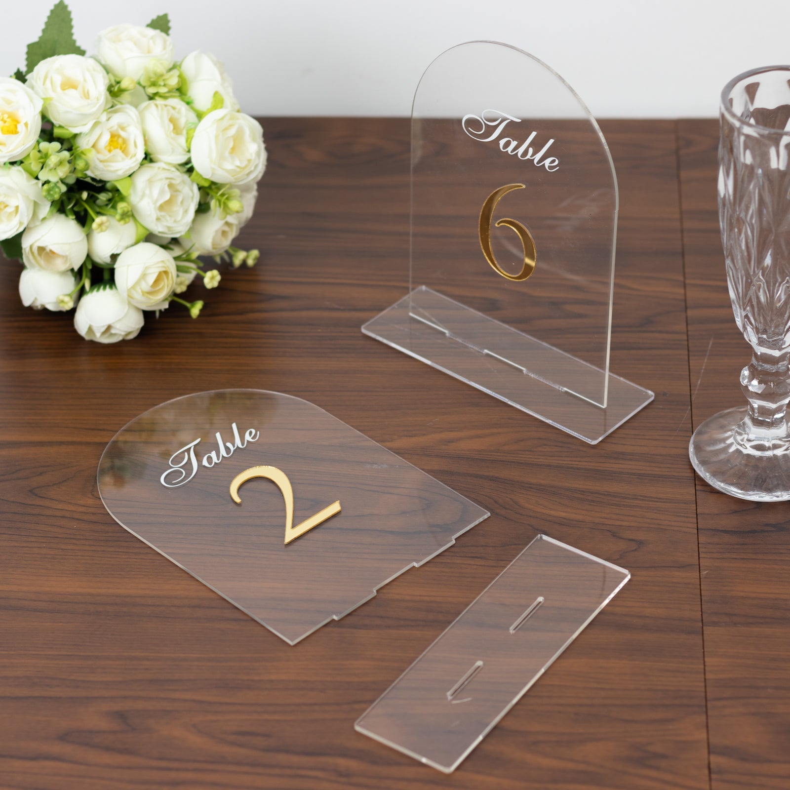 Hot Sale! Transparent Acrylic Wedding Reception Table Numbers 1 - 10 with Gold Print and Stands