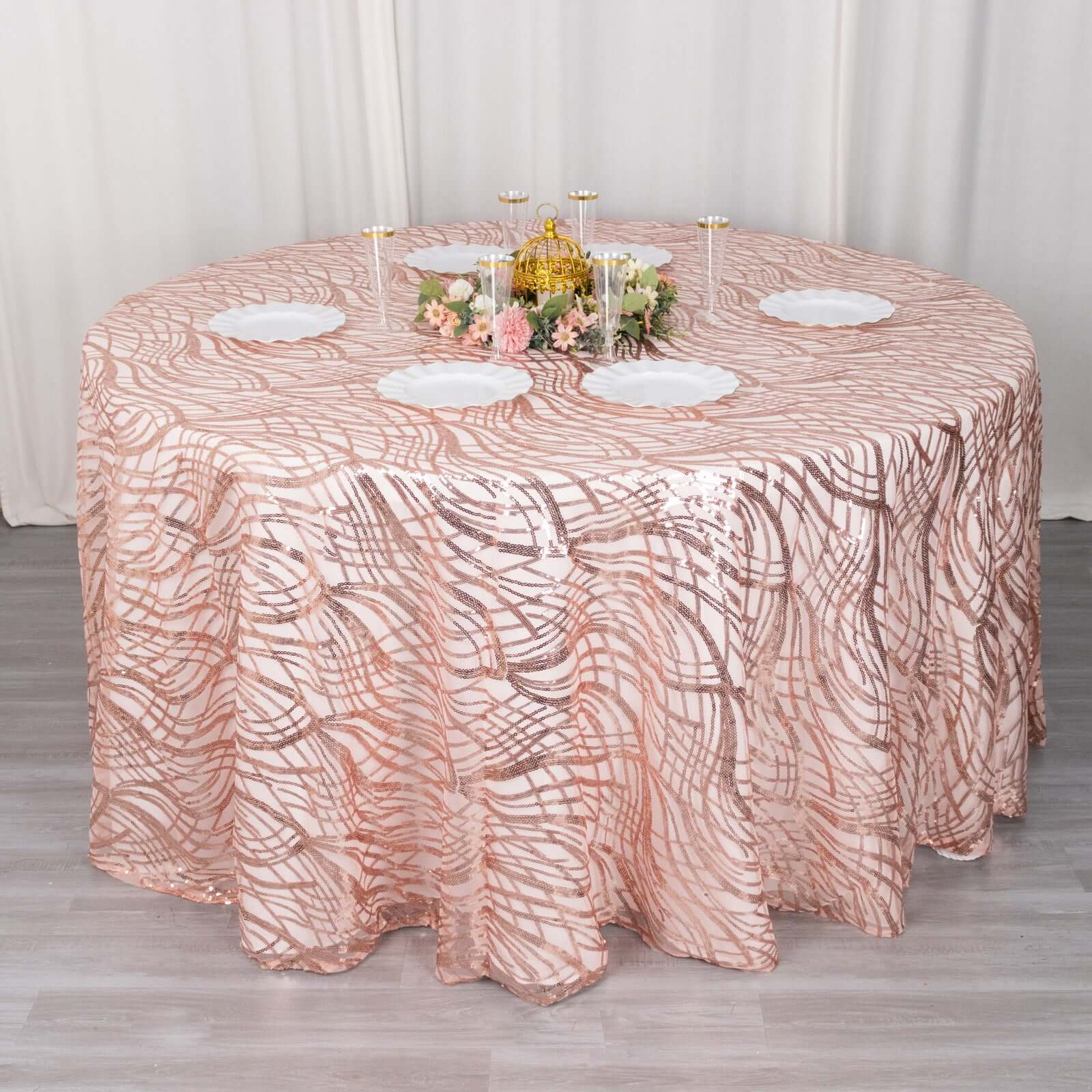 Sparkling Rose Gold Sequin Mesh 120' Round Tablecloth - Ideal for Events