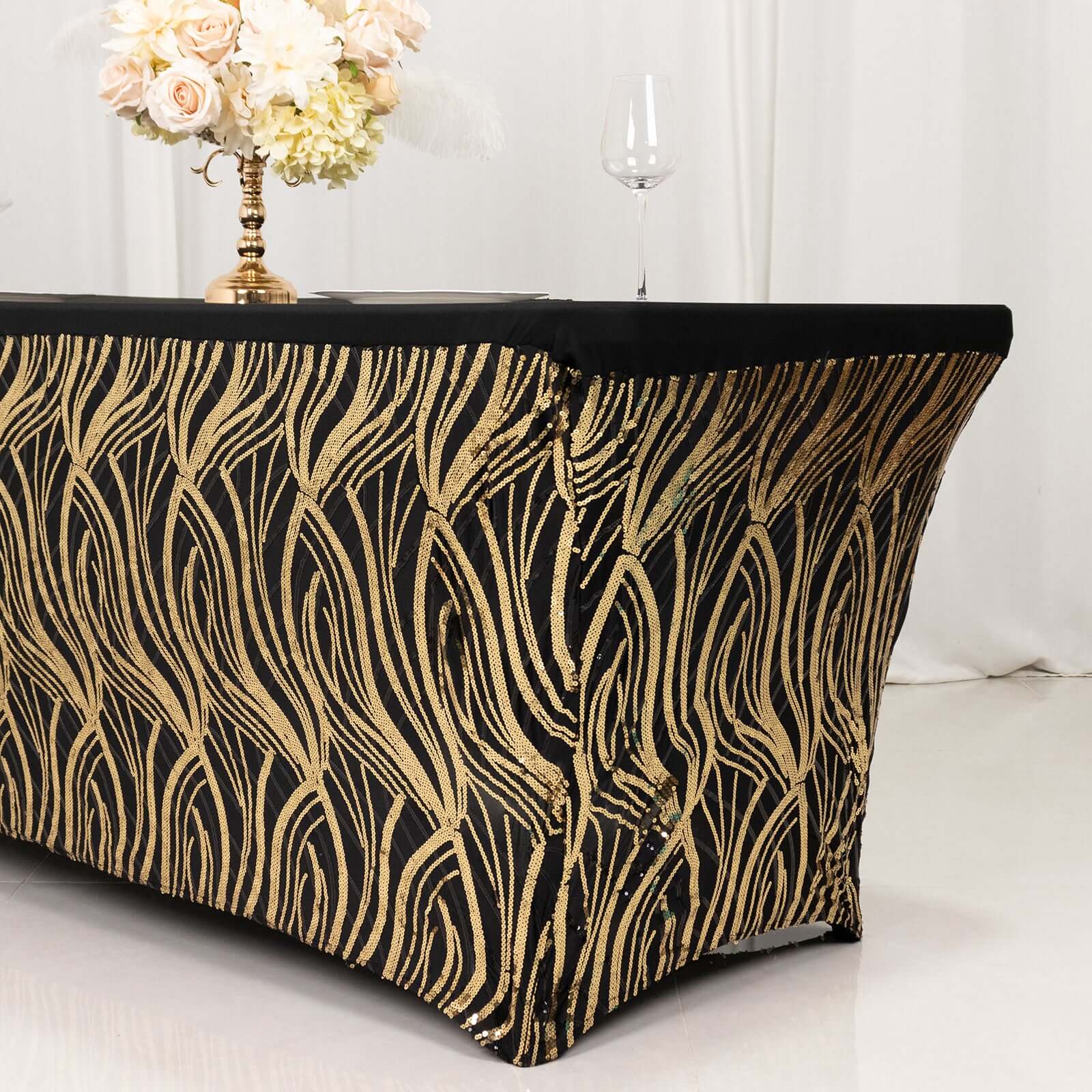 Black/Gold Wave Embroidered Four-Way Stretch Sequin Spandex Tablecloth for Luxe Events