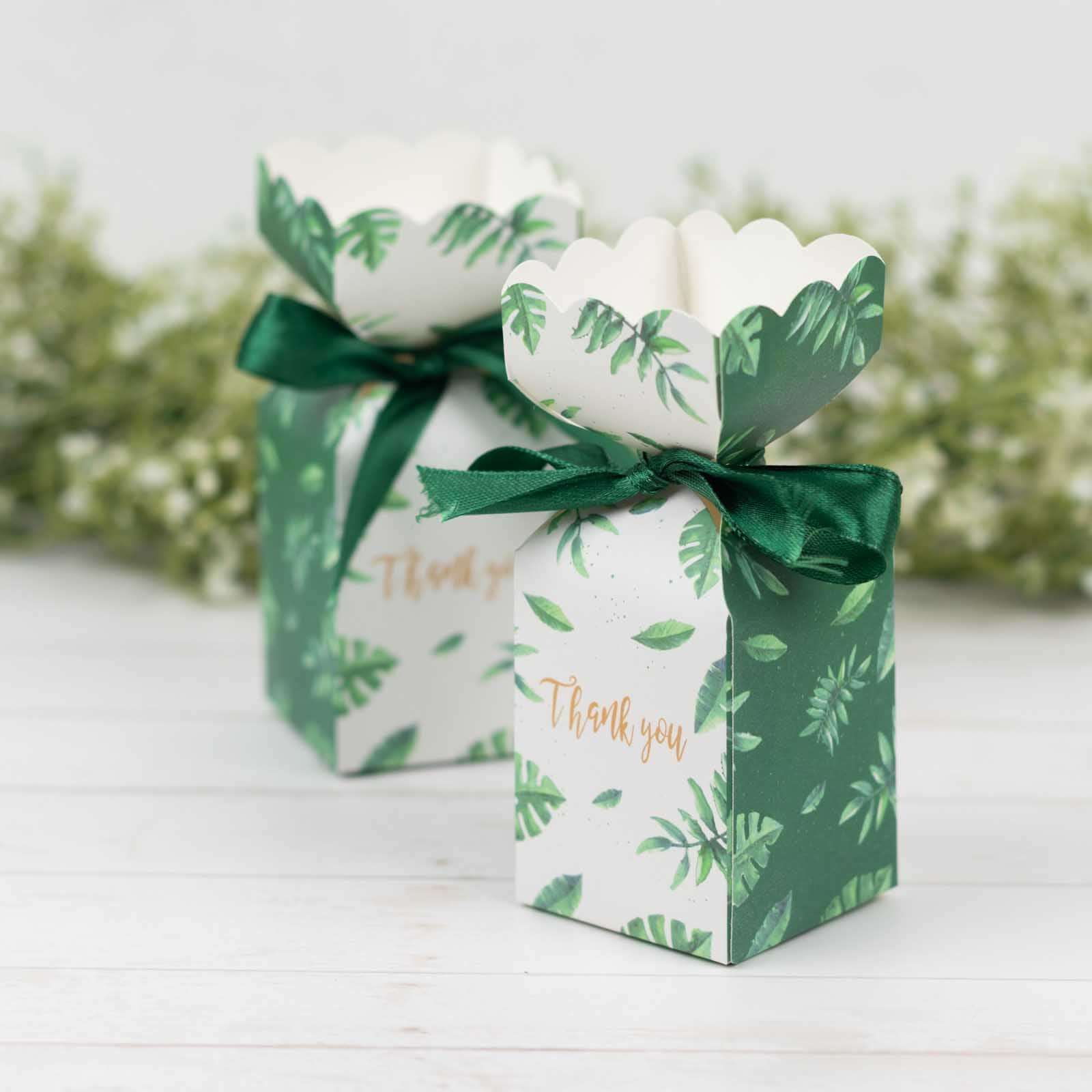 25-Pack Green Leaf Print Satin Ribbon Candy Gift Boxes - Perfect Party Favors