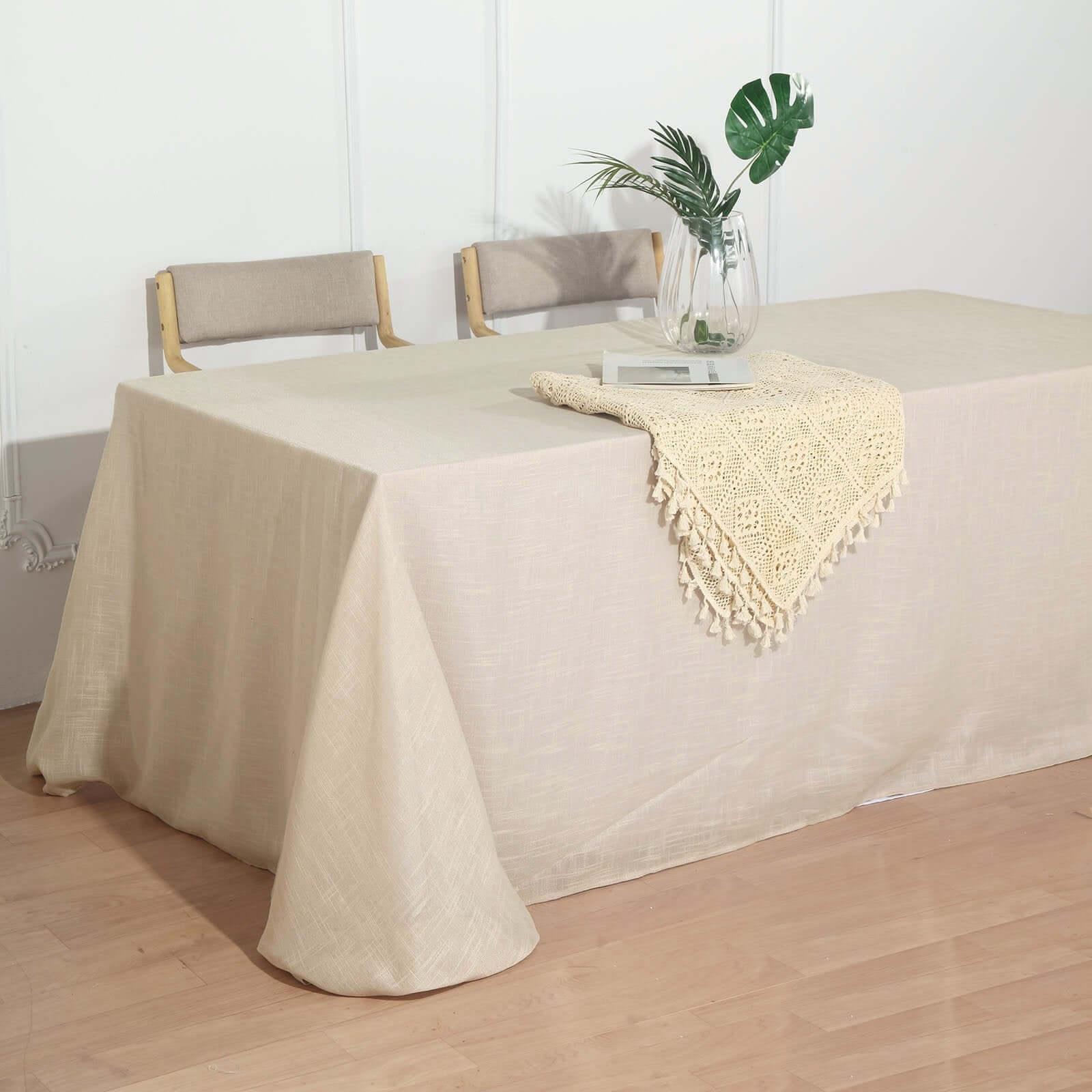 Beige Faux Linen Rectangular Tablecloth - Wrinkle-Resistant, Slubby Texture
