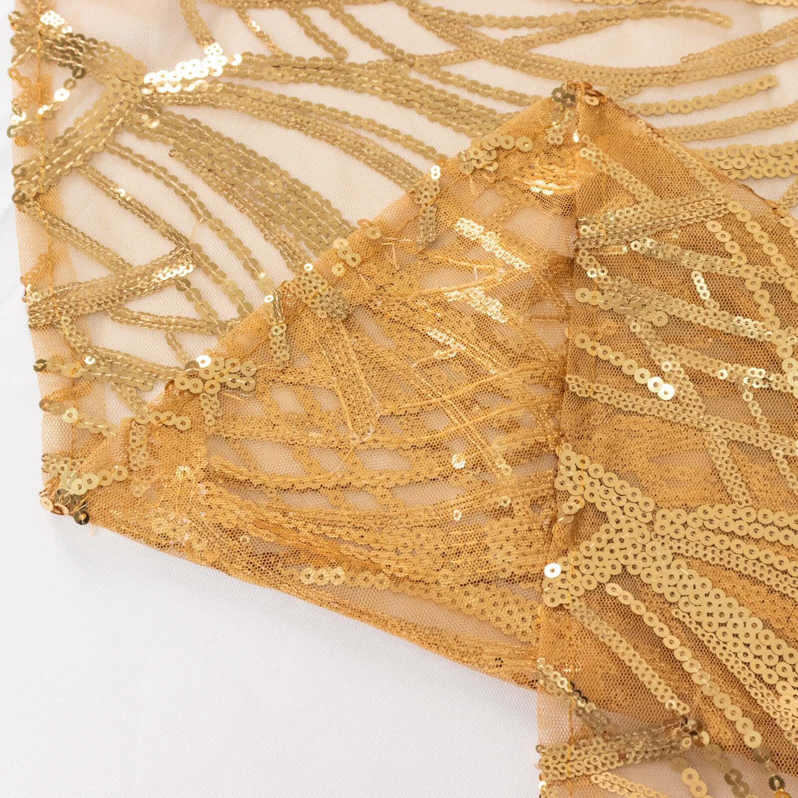 120' Gold Sequin Mesh Round Tablecloth with Seamless Wave Embroidered Design for Events