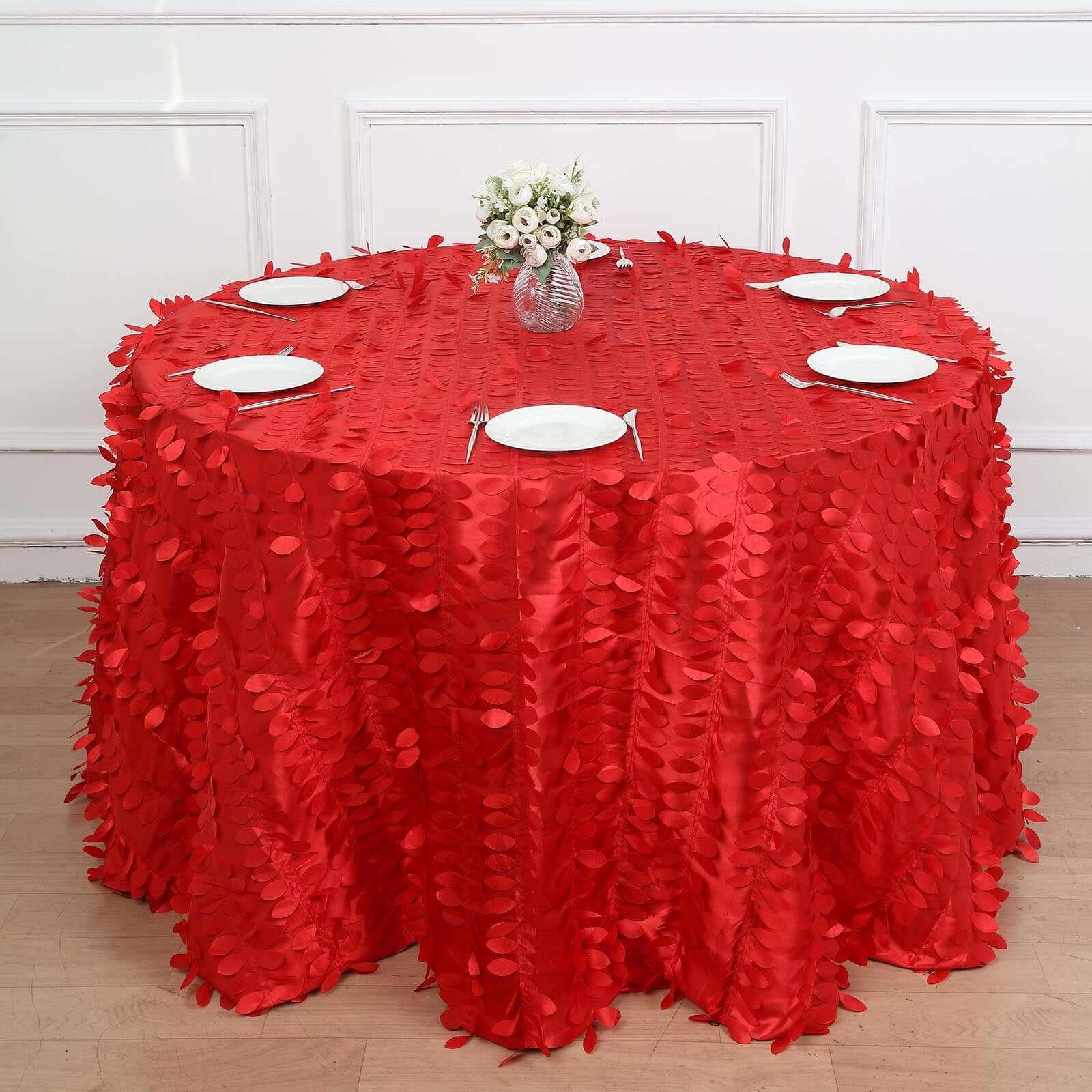 120-Inch Red Seamless 3D Leaf Petal Taffeta Round Tablecloth for 5-Foot Tables