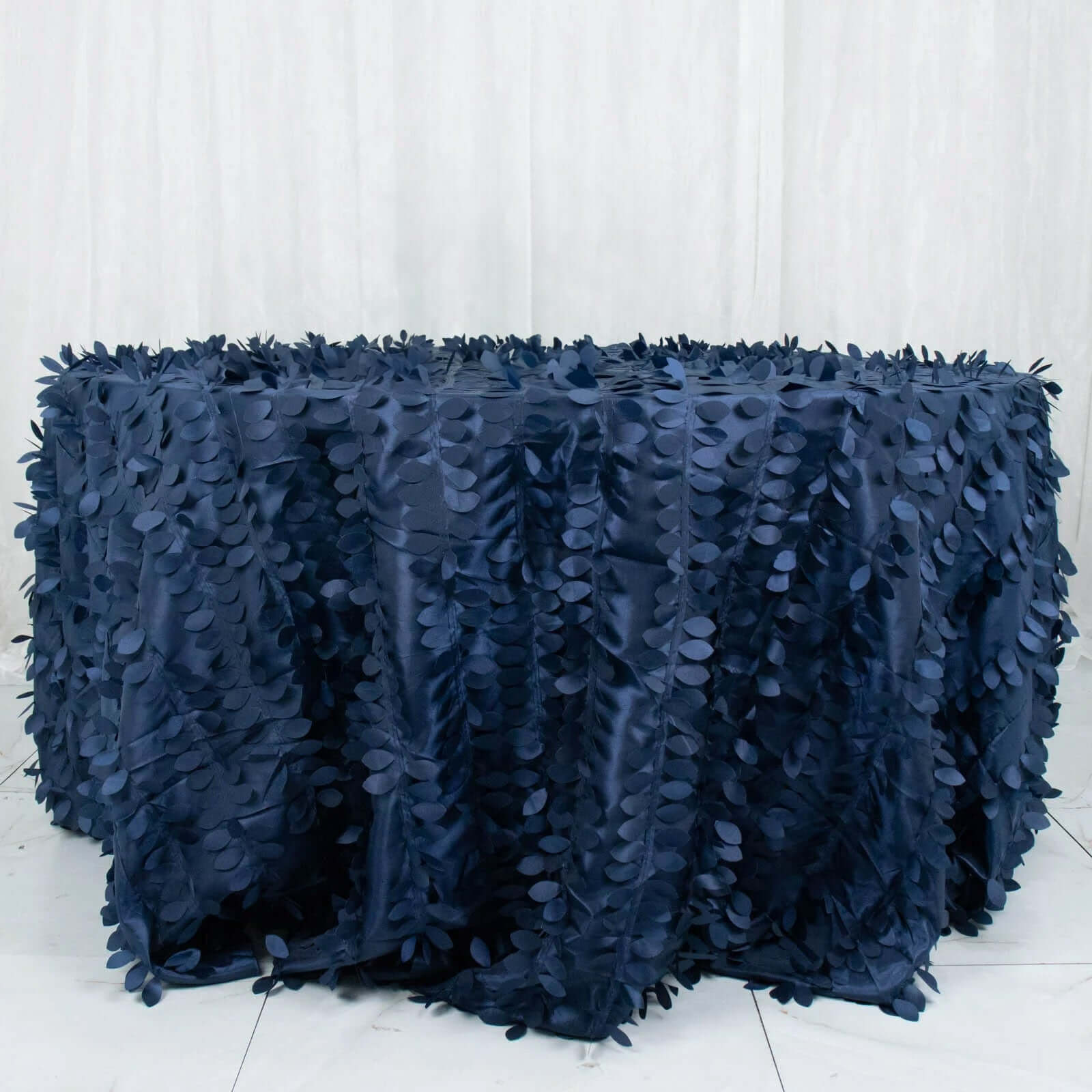 Hot Sale! Navy Blue Taffeta 132-Inch Round Tablecloth with 3D Leaf Petal Design