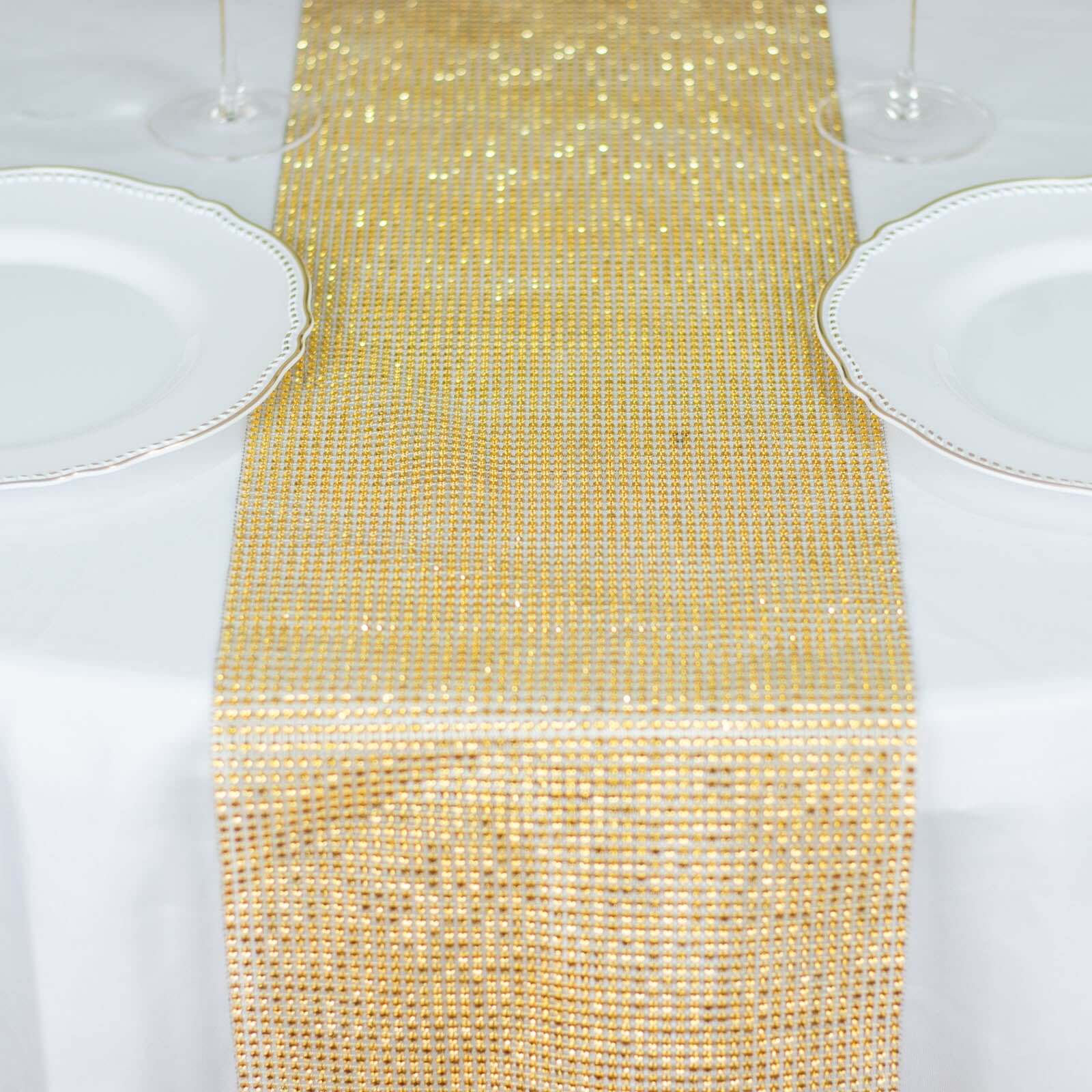 Hot Sale! 10x108 Gold Plastic Table Runner with Luxurious Diamond Mesh Shine