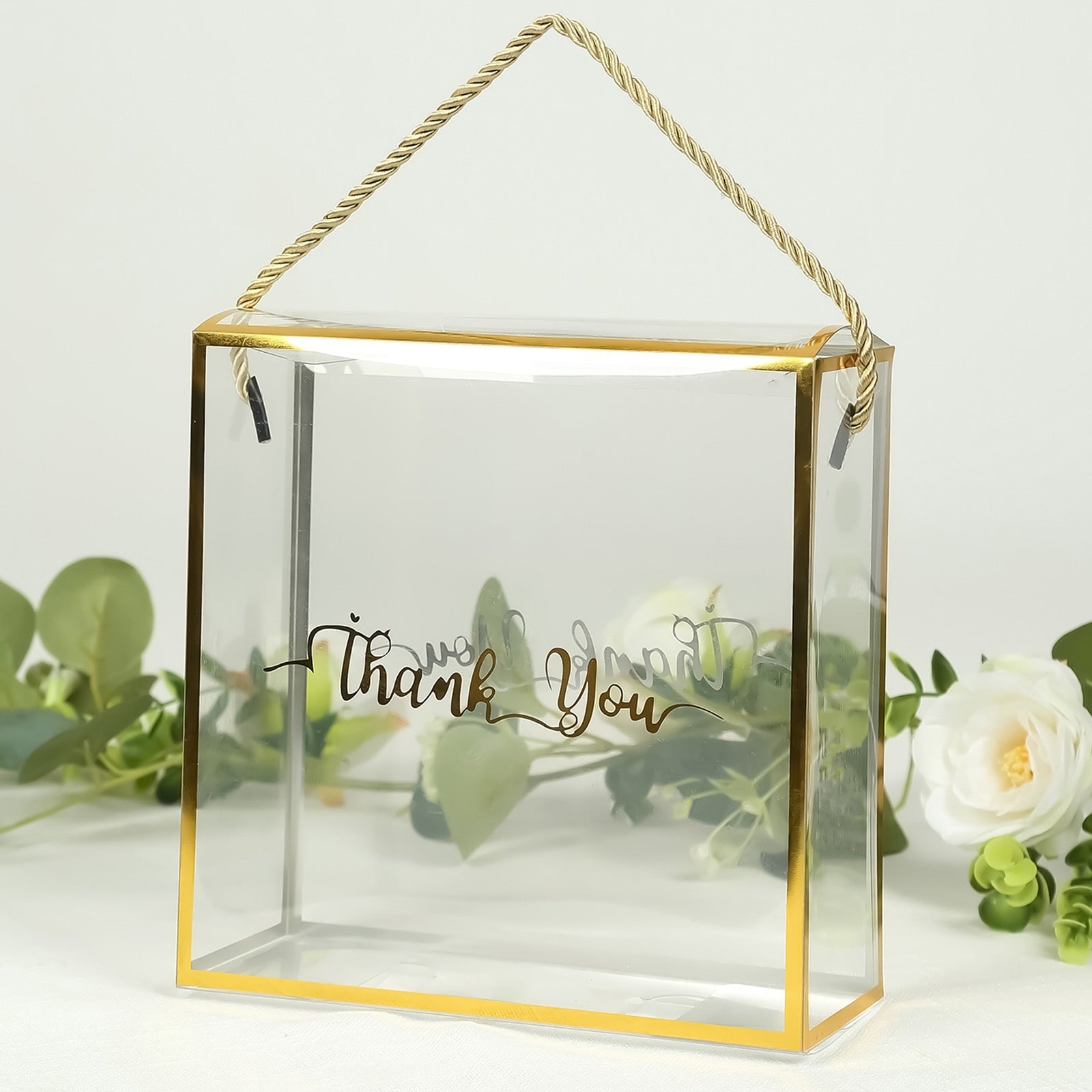 25-Pack Square Clear PVC Gift Boxes with Gold Trim, Rope Handles and 'Thank You' Print, 8x8 Size