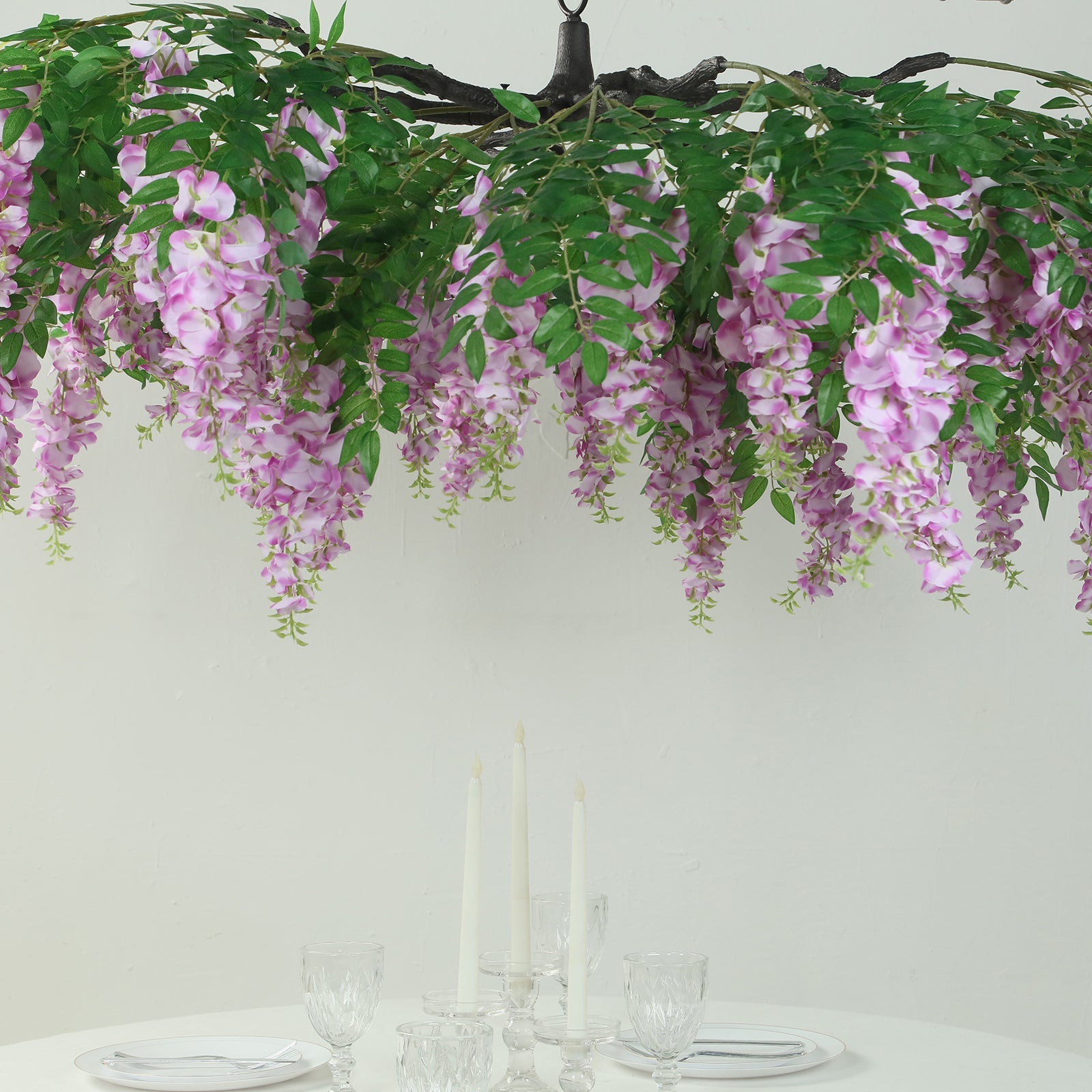 55-Inch Artificial Silk Lavender Lilac Wisteria Vine Round Hanging Floral Chandelier with Detachable Branches
