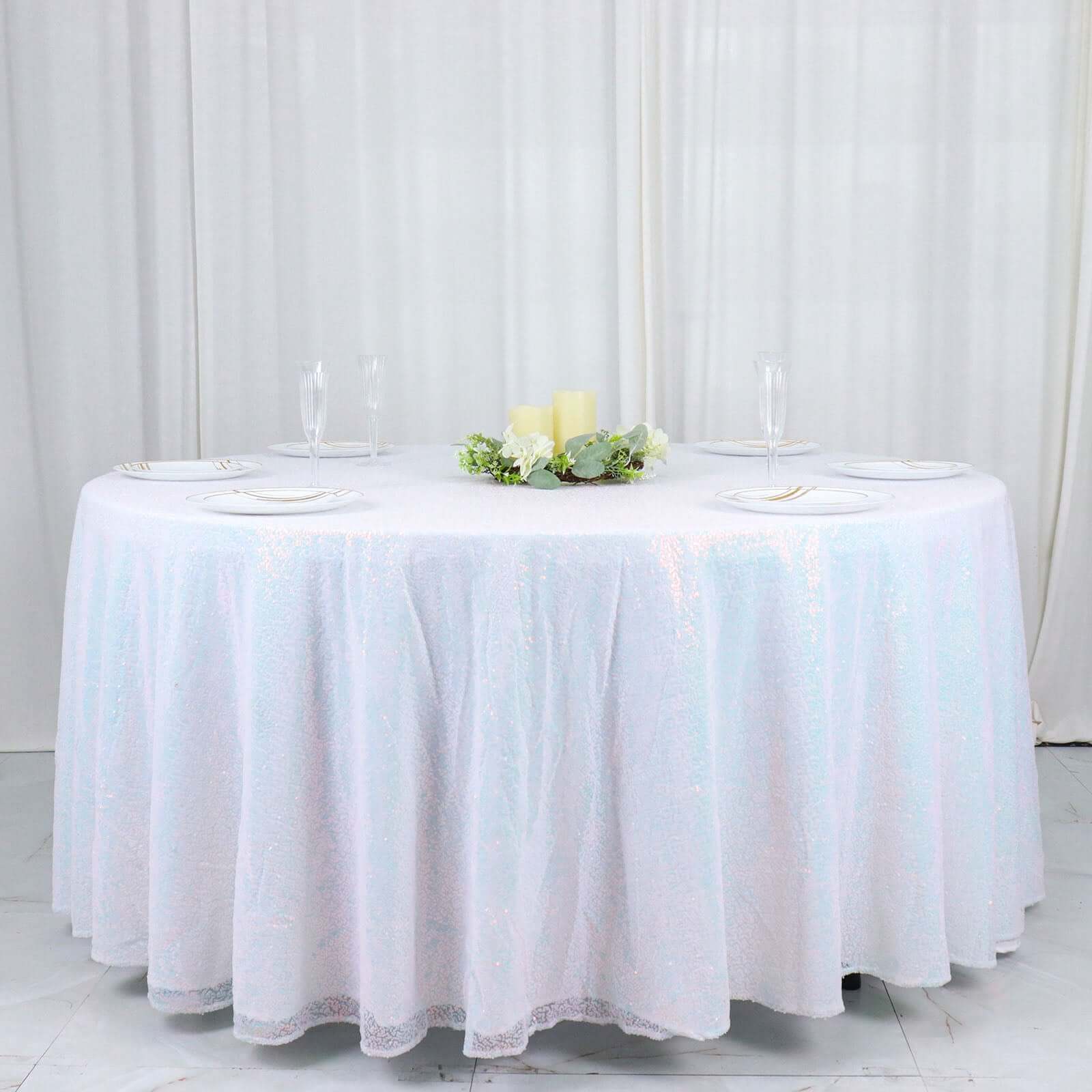 Hot! 120" Iridescent Blue Sequin Round Tablecloth - Seamless Glitter Cover