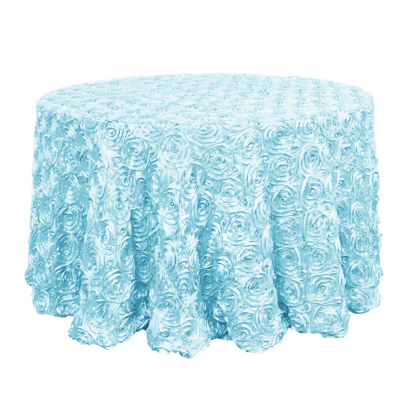 Light Blue 120-Inch Round Satin Tablecloth with Stunning 3D Rosette and Seamless Finish