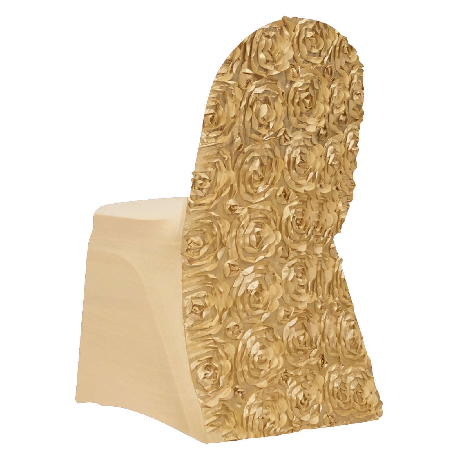 Hot Sale! Stretch Fitted Champagne Satin Rosette Slip-On Chair Cover for Banquet Chairs