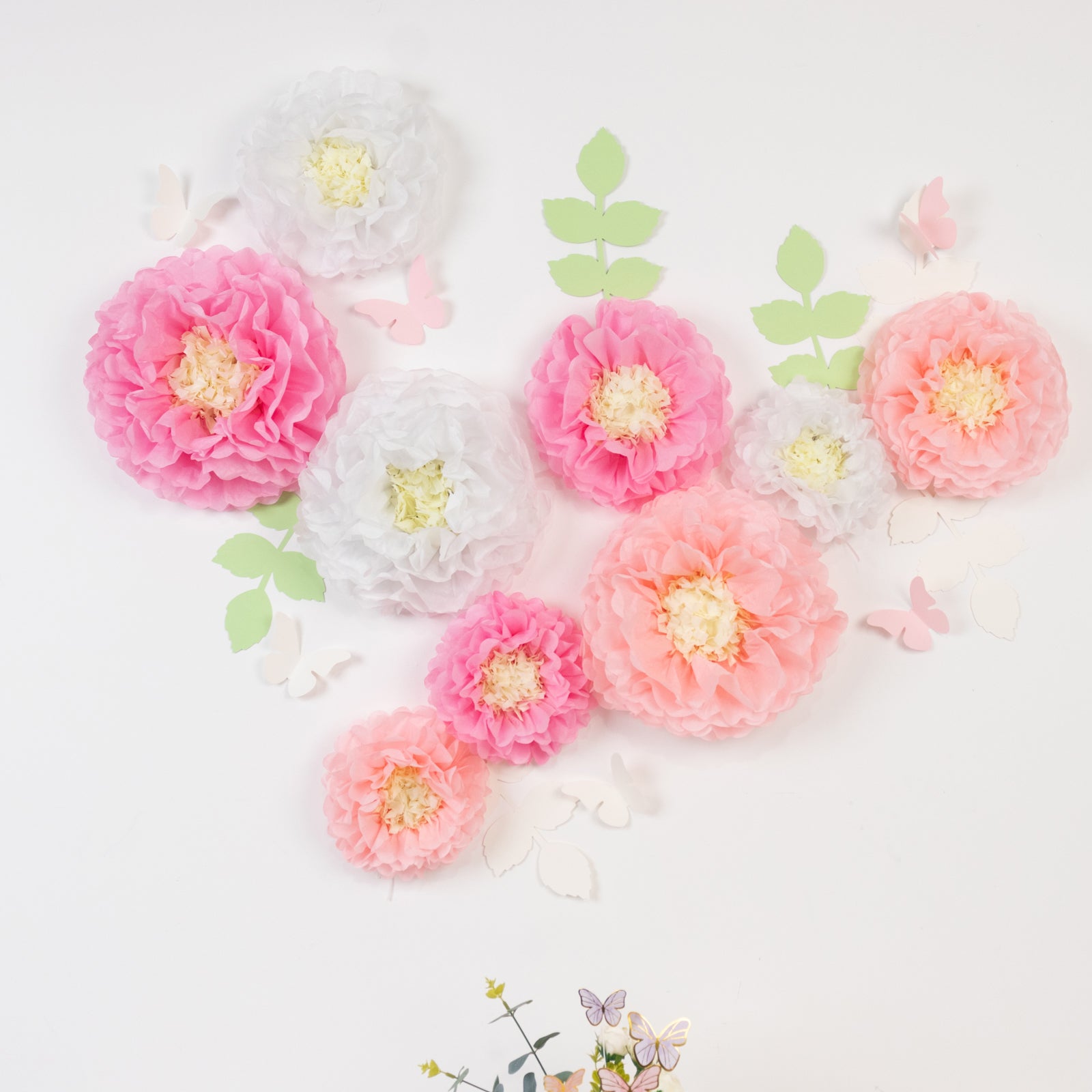 Hot! Set of 21 Tissue Paper Chrysanthemum Pom Poms Decor Kit - White & Pink with Butterflies & Olive Leaves