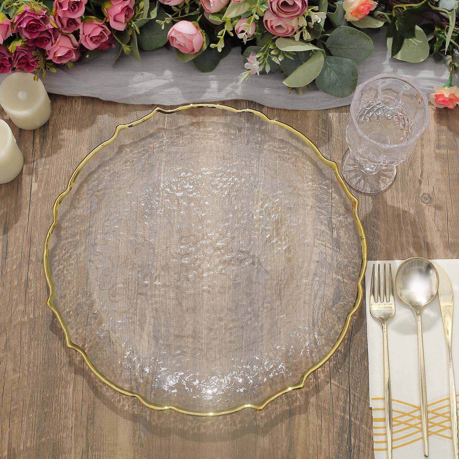 8-Piece Set of 13-Inch Clear Glass Charger Plates with Gold Sunflower Scalloped Edges