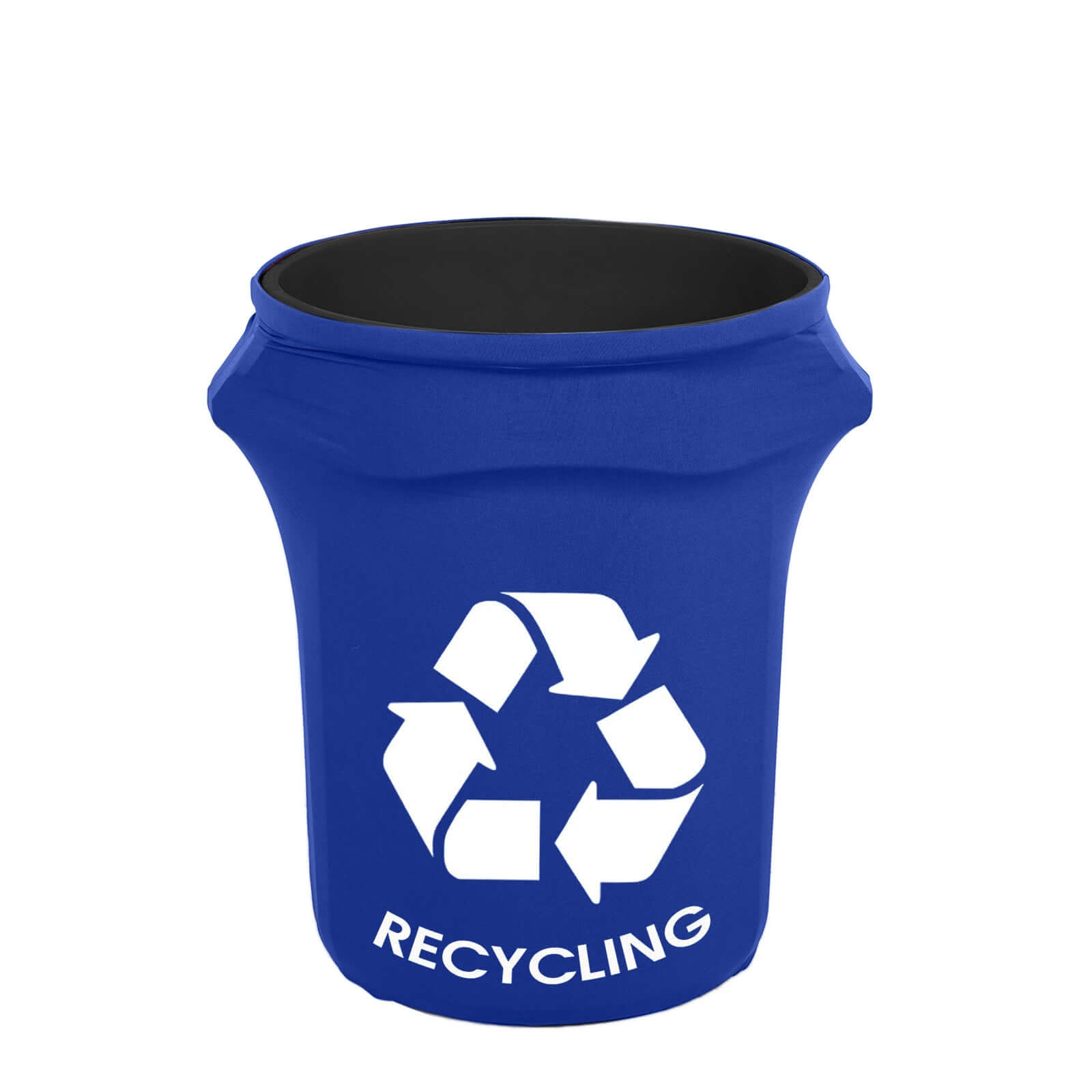 Get This Royal Blue Spandex Stretch Trash Can Cover (41 - 50 Gallons) with Recycling Logo