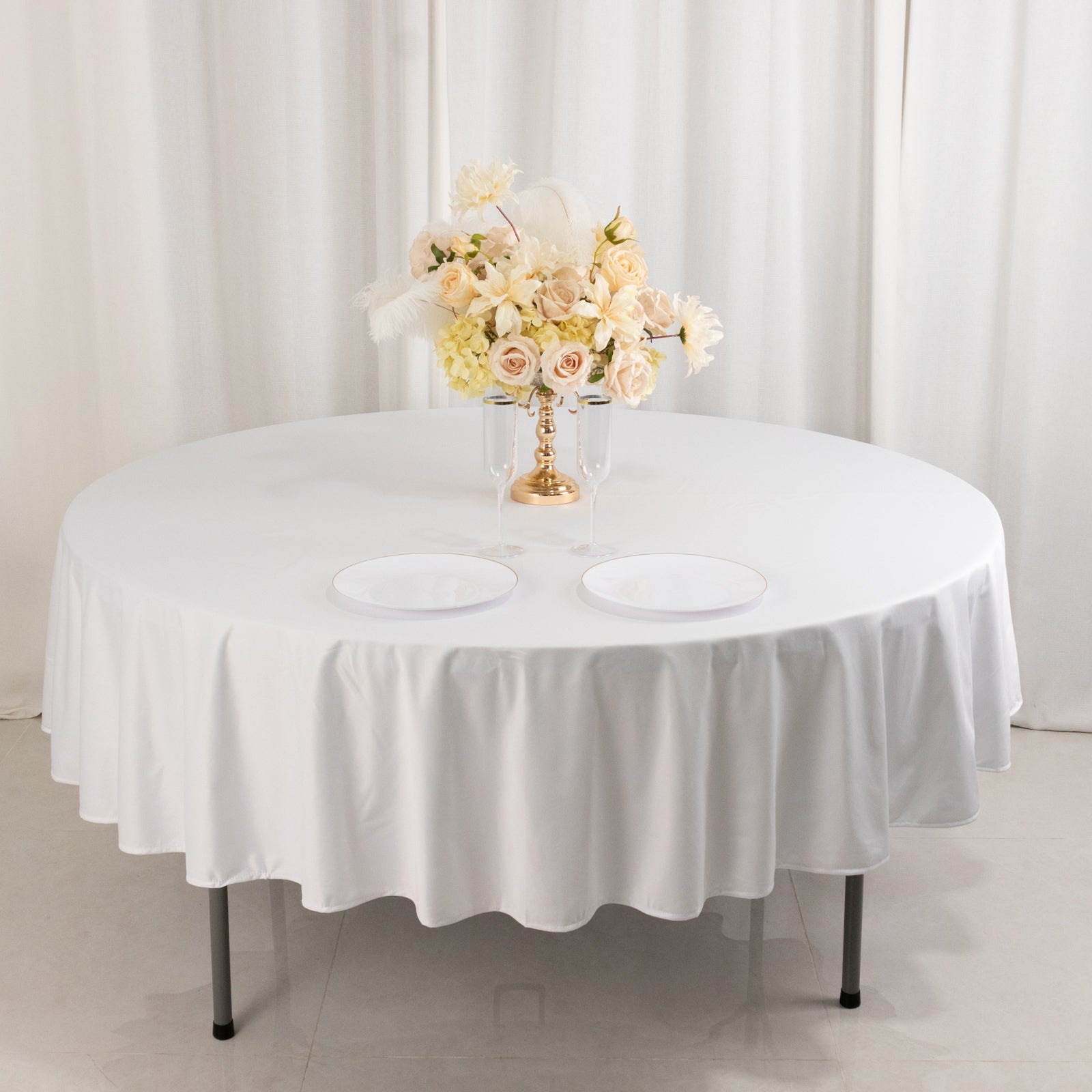 White 90' Premium Scuba Round Tablecloth - Wrinkle & Stain Resistant for Weddings and Banquets