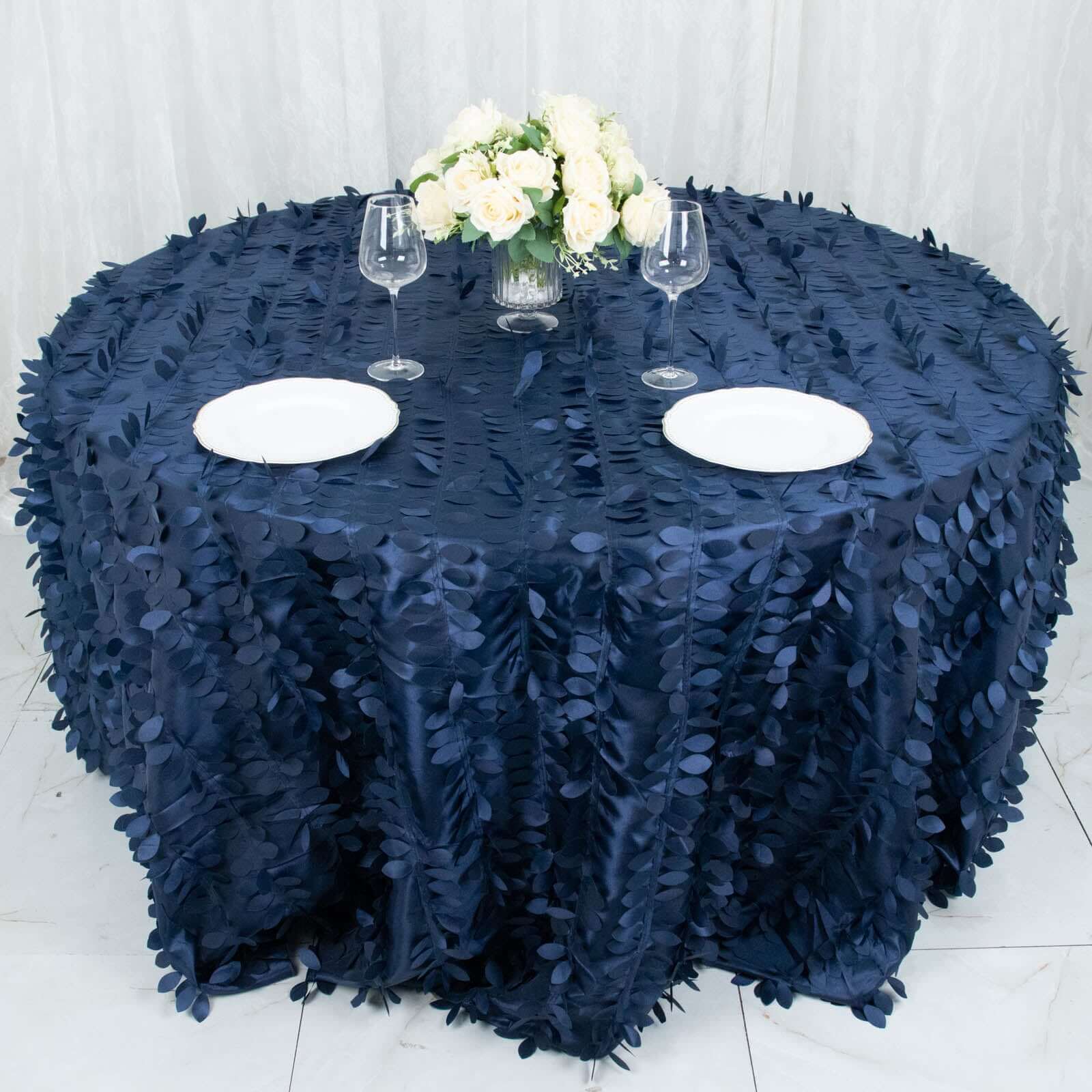 Hot Sale! Navy Blue Taffeta 132-Inch Round Tablecloth with 3D Leaf Petal Design
