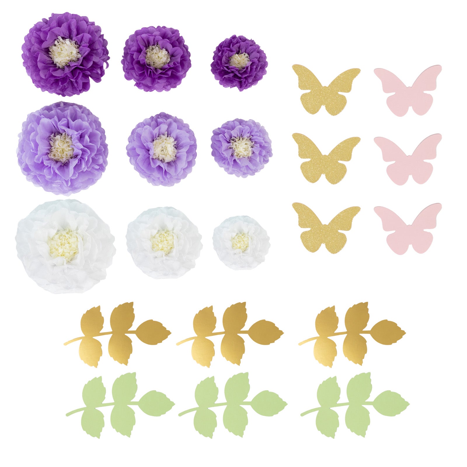 Hot! 21-Piece Tissue Paper Flower Pom Poms Decor Kit - White & Purple 3D Chrysanthemum Wall Decor with Butterflies & Olive Leaves