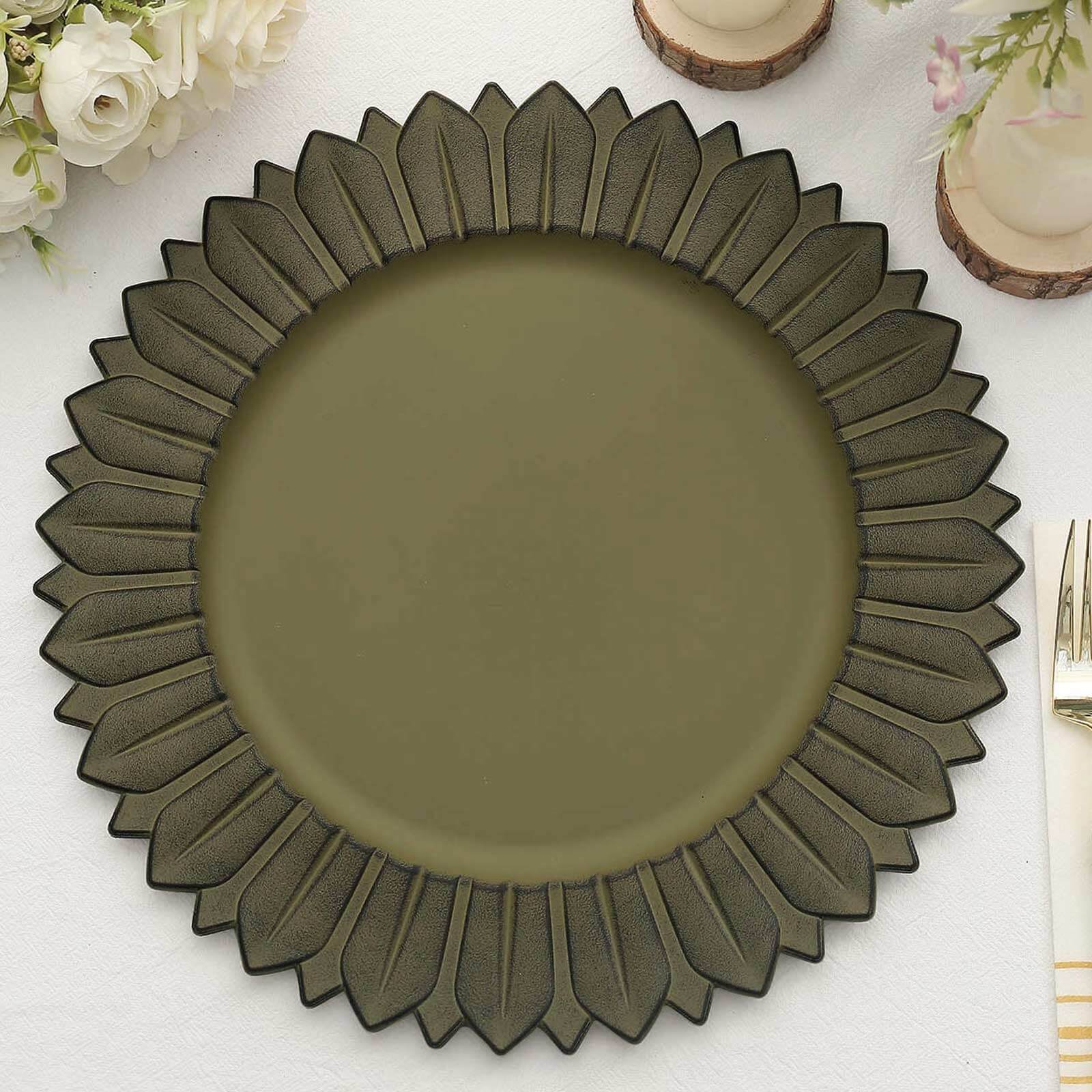 6-Piece Set of 13-Inch Matte Olive Green Plastic Round Charger Plates with Sunflower Rim