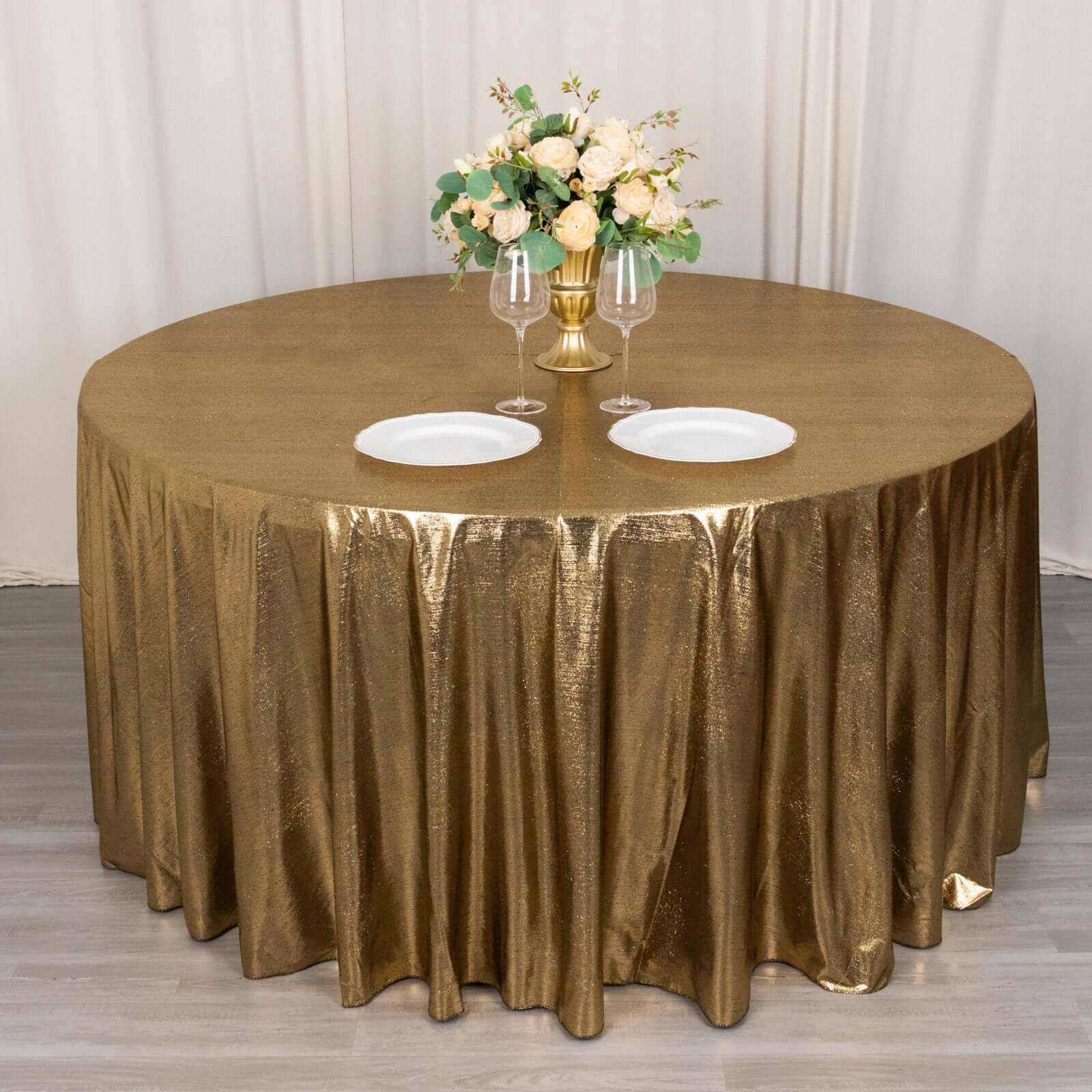 Antique Gold Sequin Dots Polyester 120' Round Wrinkle-Free Sparkling Tablecloth - Ideal for Events