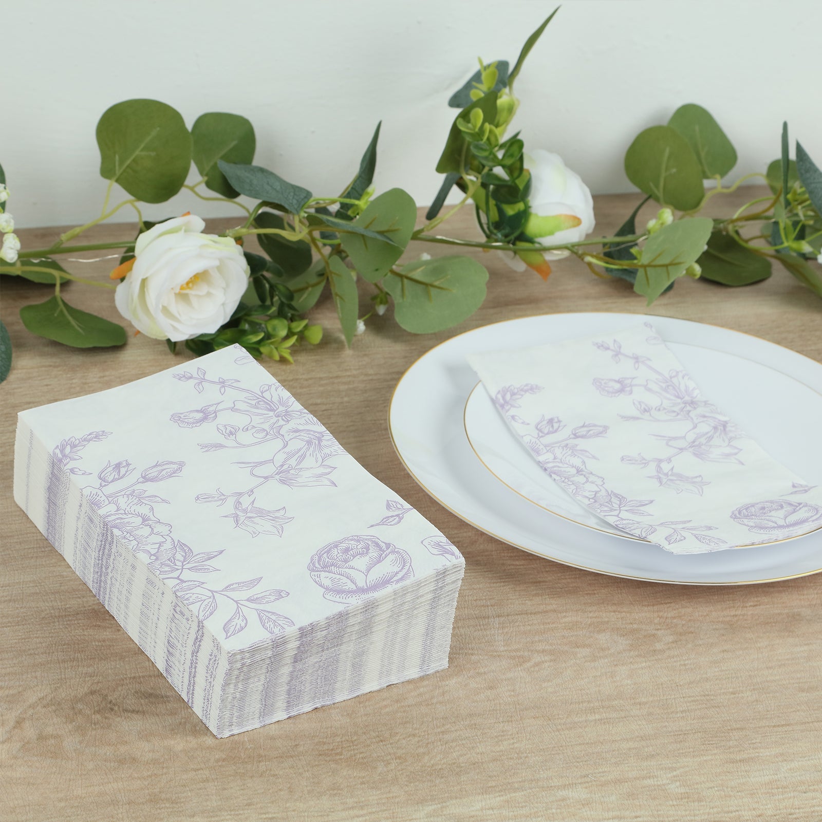 Get 50 Pack 2-Ply Disposable Paper Dinner Napkins in Trendy French Toile Floral Design, Matte Lavender & White, Highly Absorbent