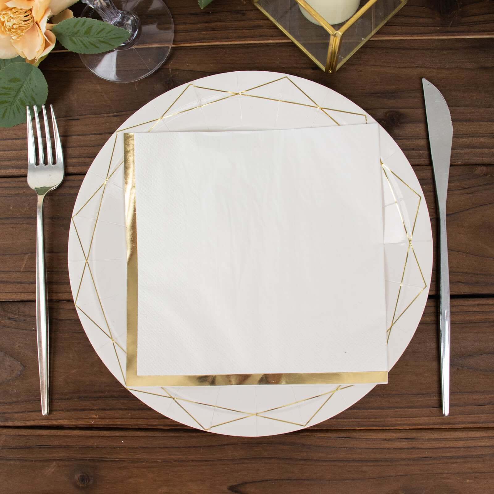 50-Piece Disposable 2-Ply White Cocktail Napkins with Gold Foil Edge, 6.5x6.5
