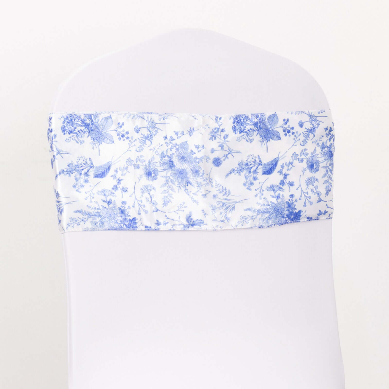 Special Offer! 5-Piece Set of Wrinkle-Resistant, Reusable Satin Chair Sashes in White/Blue French Toile Floral Design