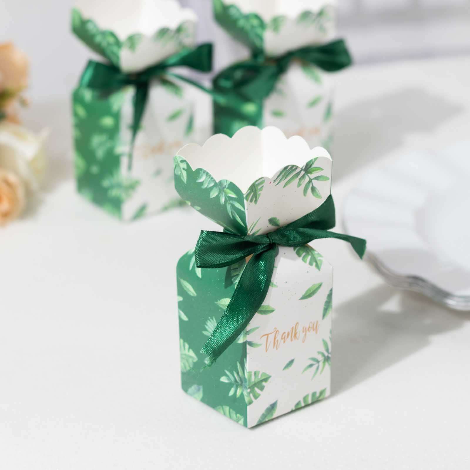 25-Pack Green Leaf Print Satin Ribbon Candy Gift Boxes - Perfect Party Favors