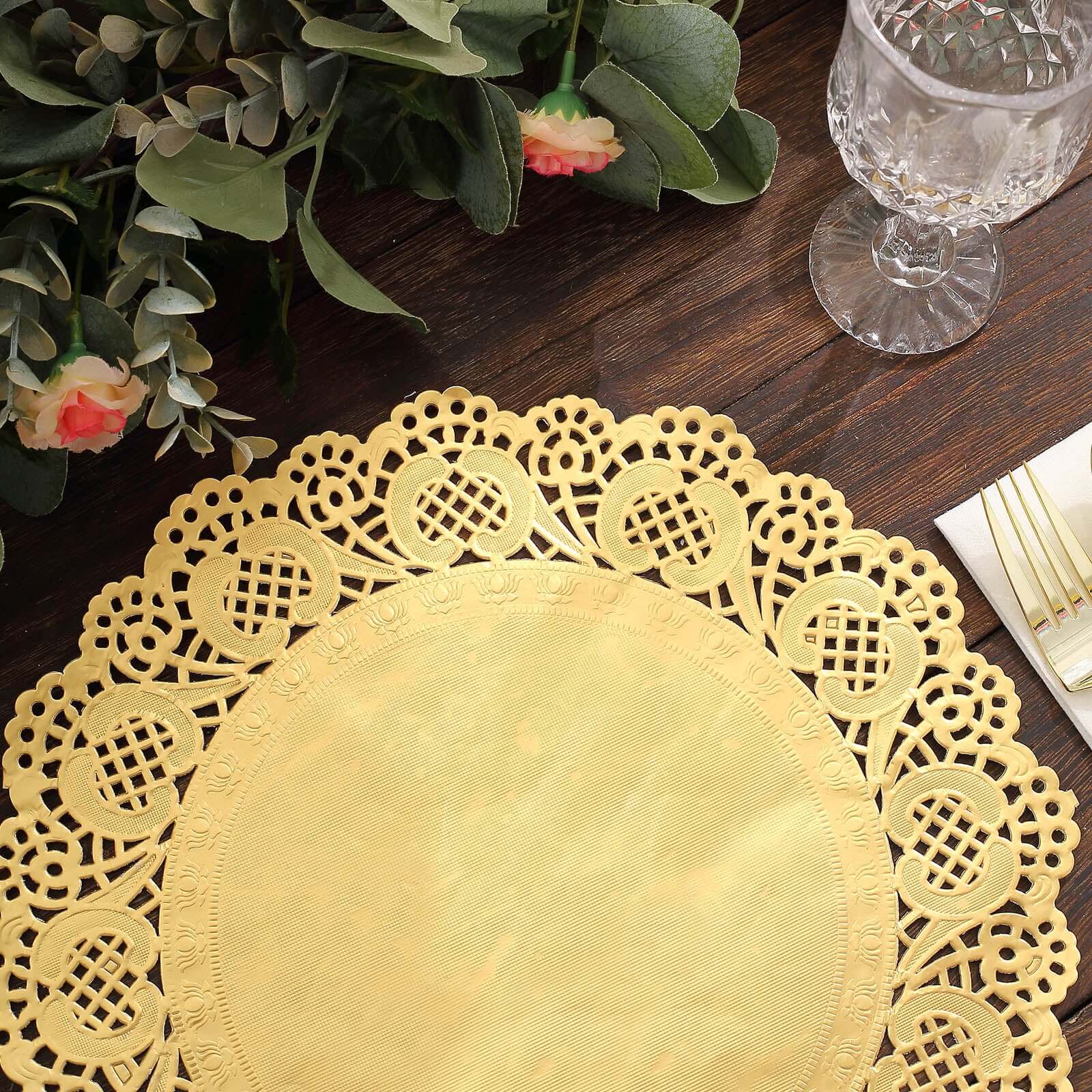 50 Pieces of 12-Inch Gold Food-Grade Lace Paper Round Placemats for Dessert & Table Decor