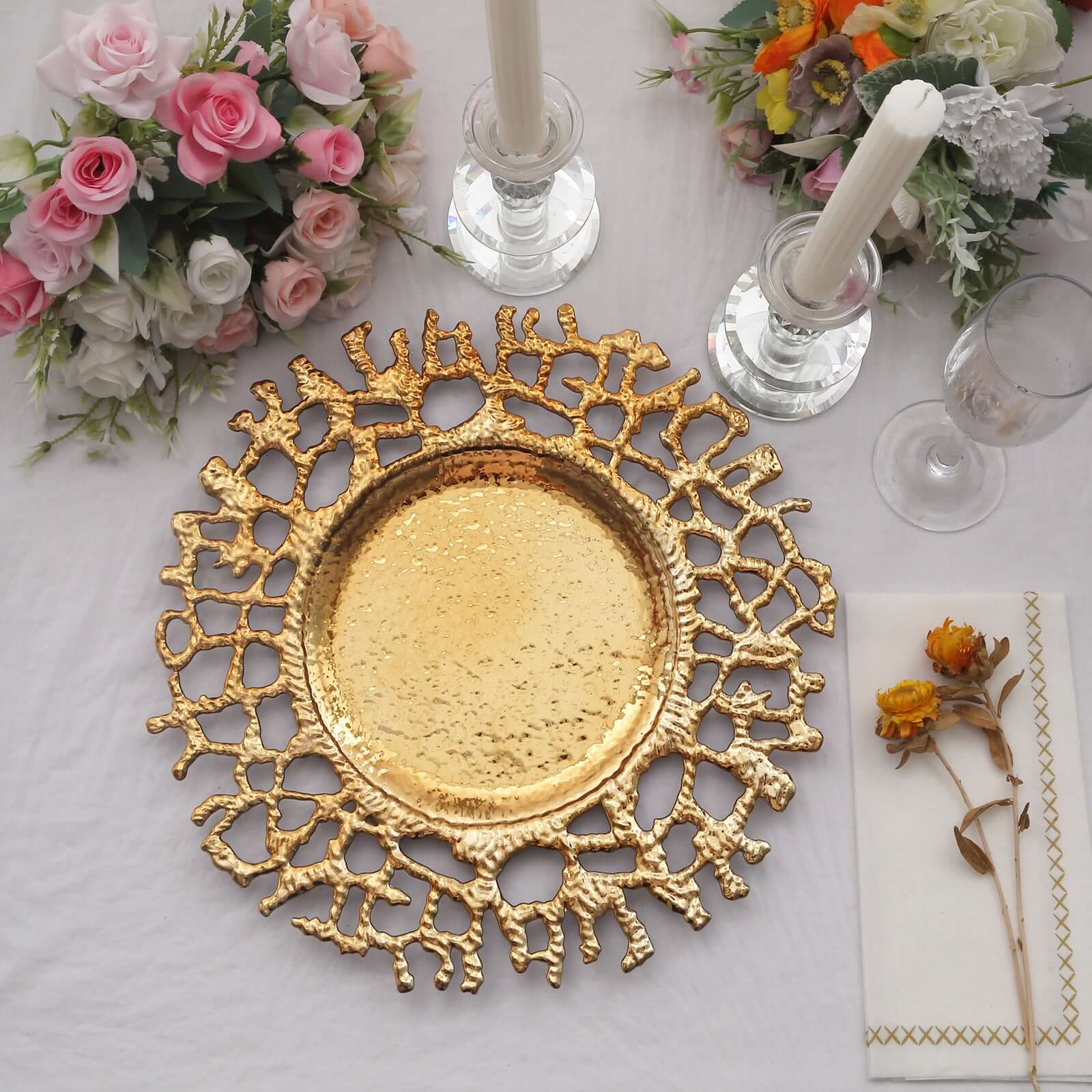 Hot Sale! 6-Pack 13-inch Gold Acrylic Round Charger Plates with Molten Branch Design for Dinner Parties