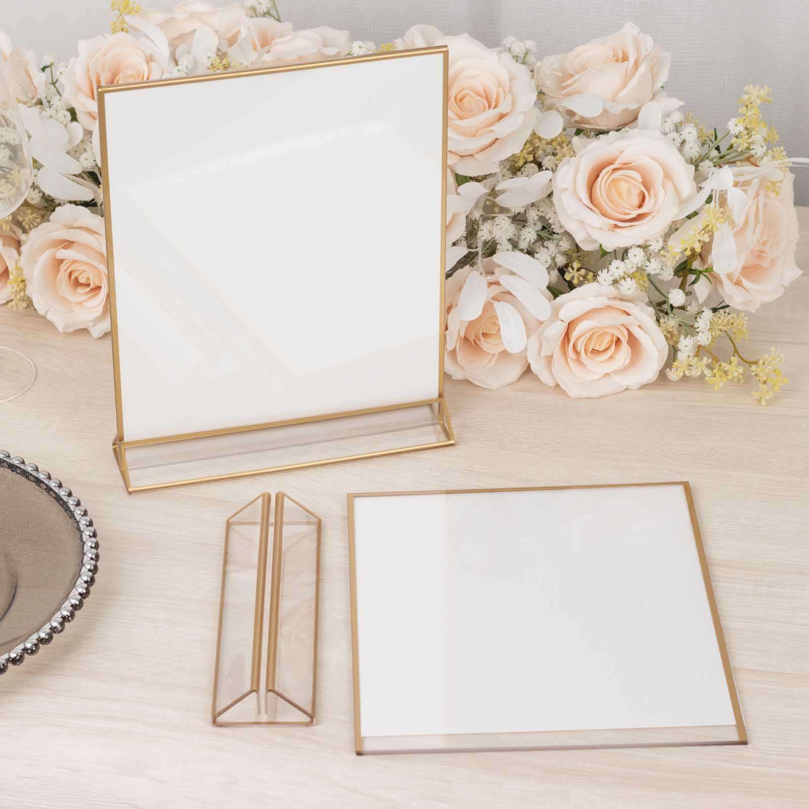 6-Pack Gold Acrylic Rectangular Sign Holders: Double-Sided Clear Display with White Cardboard, Ideal for Banquets 9x11