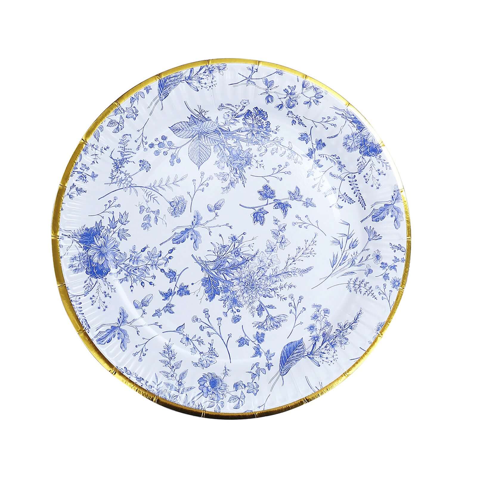 Hot Deal! 25-Pack Disposable 7-Inch Round White Dessert Plates with Light Blue French Toile & Gold Rim
