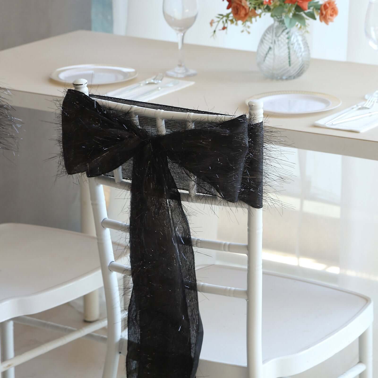 5-Piece Set of Black Metallic Tinsel Fringe Polyester Chair Sashes - Effortless Chair Bows, 6x108