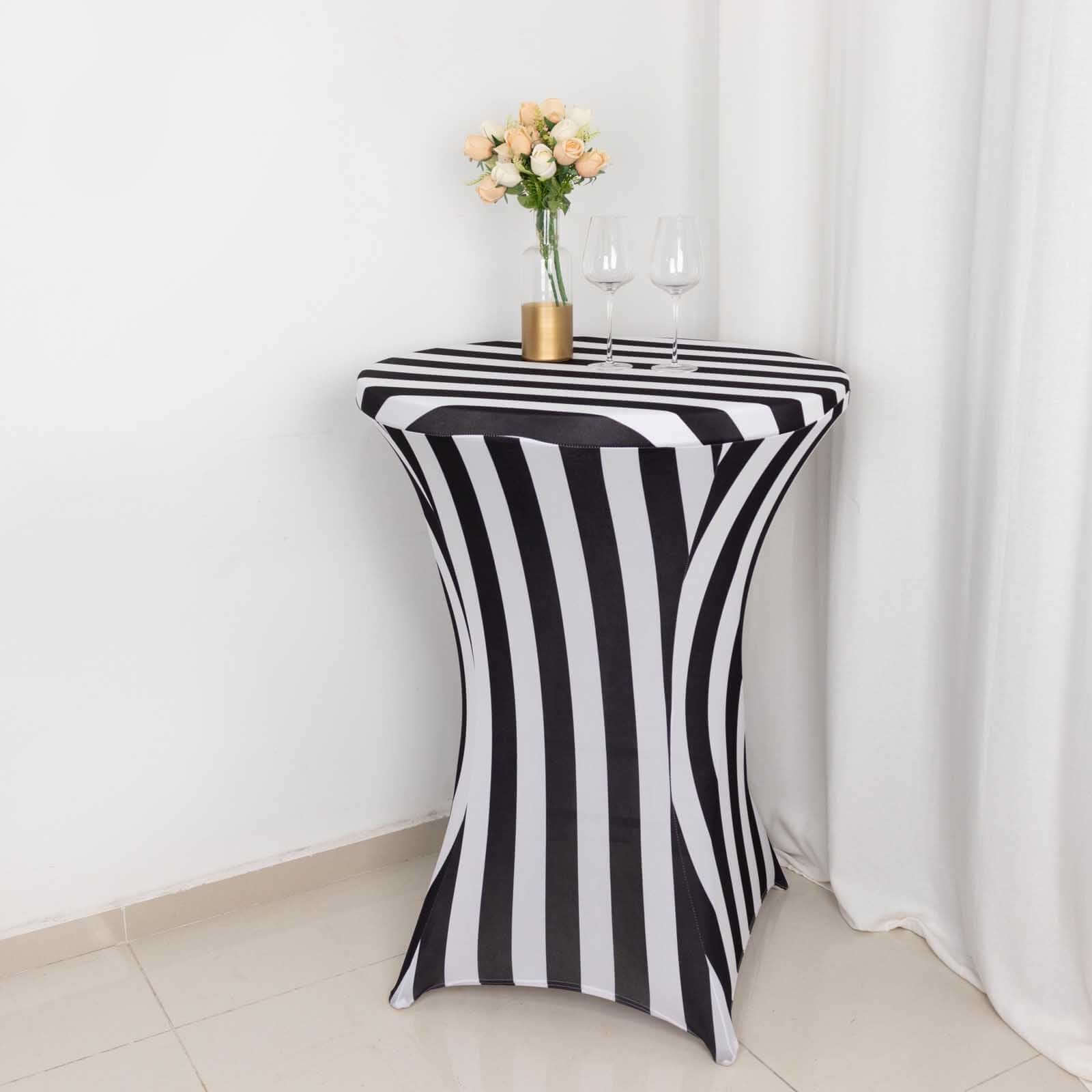 Black/White Striped Spandex 32-Inch Fitted Stretch Cocktail Table Cover - Low-Maintenance
