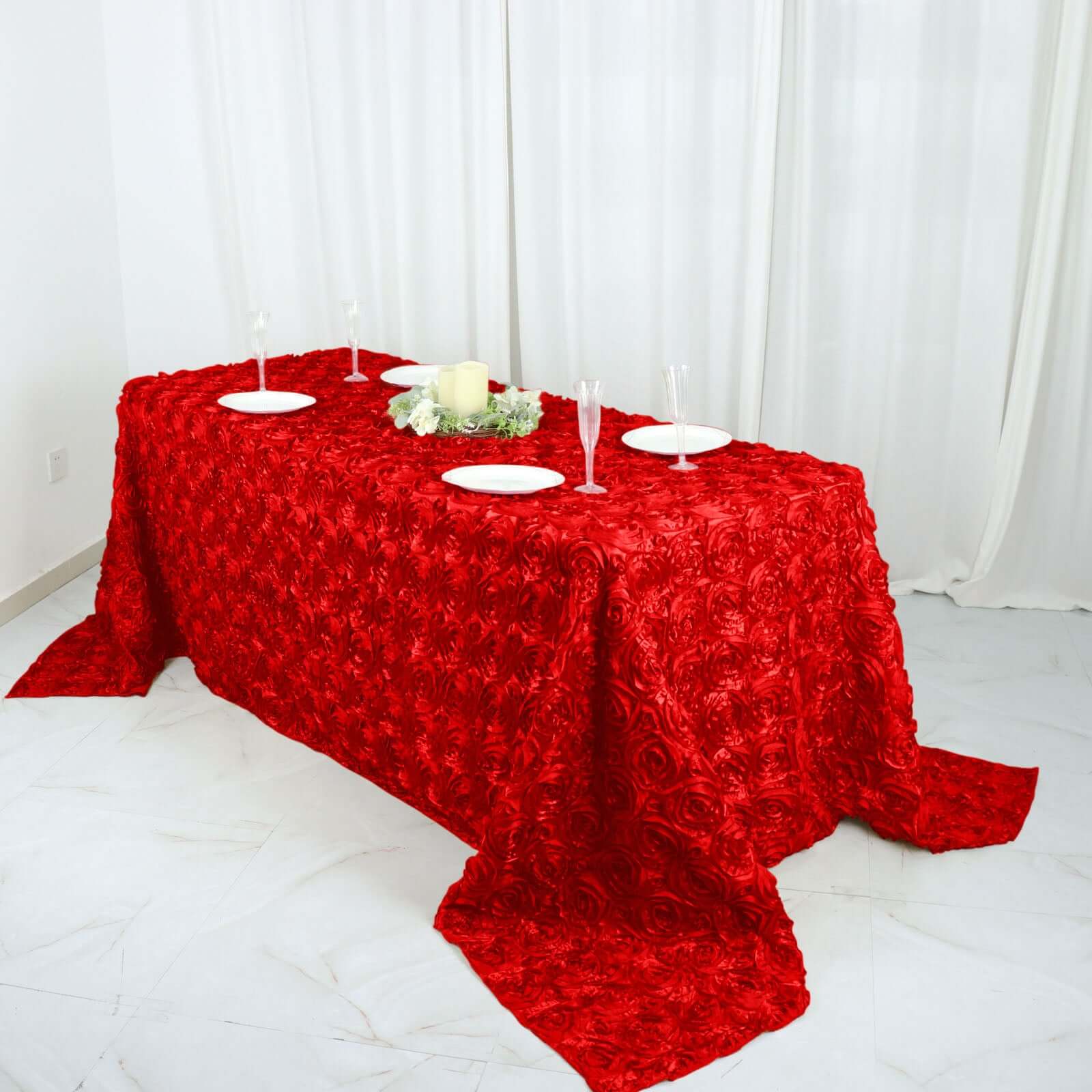 Hot Deal! Red Satin 90x132 Rectangle Tablecloth with 3D Rosette