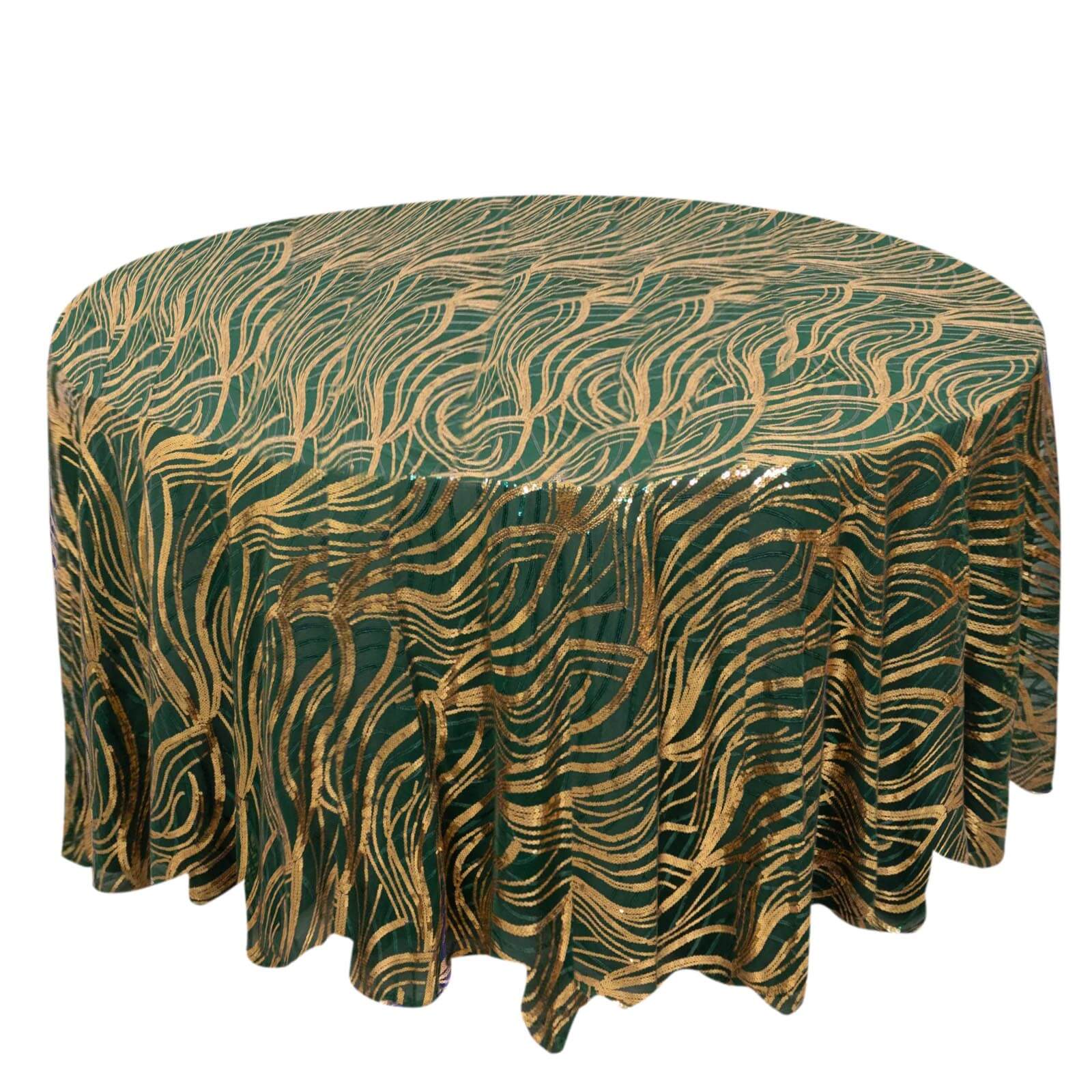 120-Inch Round Seamless Sparkly Wave Sequin Mesh Tablecloth in Hunter Emerald Green & Gold