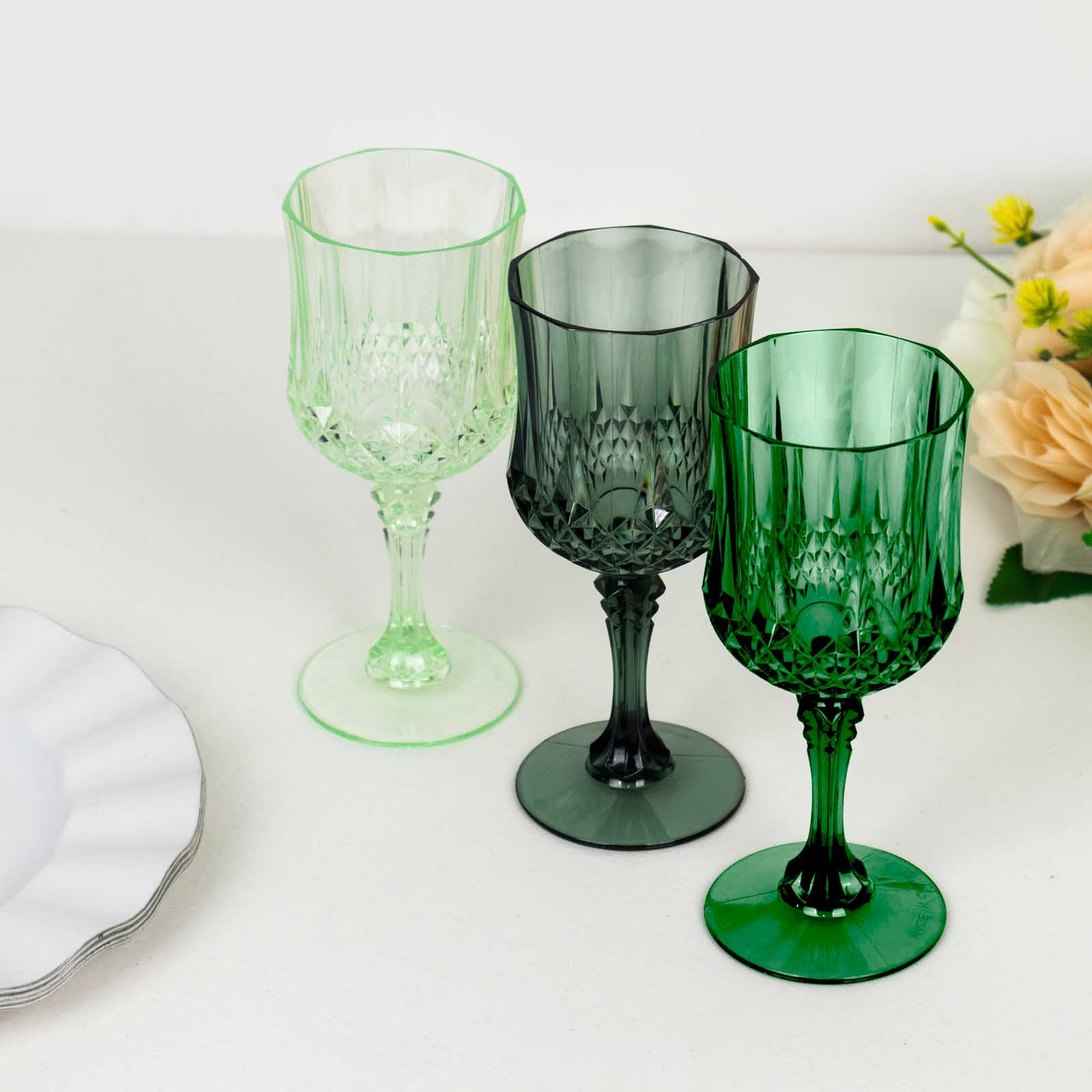 Hot Deal! 12-Pack 8oz Shatterproof Plastic Cocktail Goblets in Assorted Green Crystal Cut Design