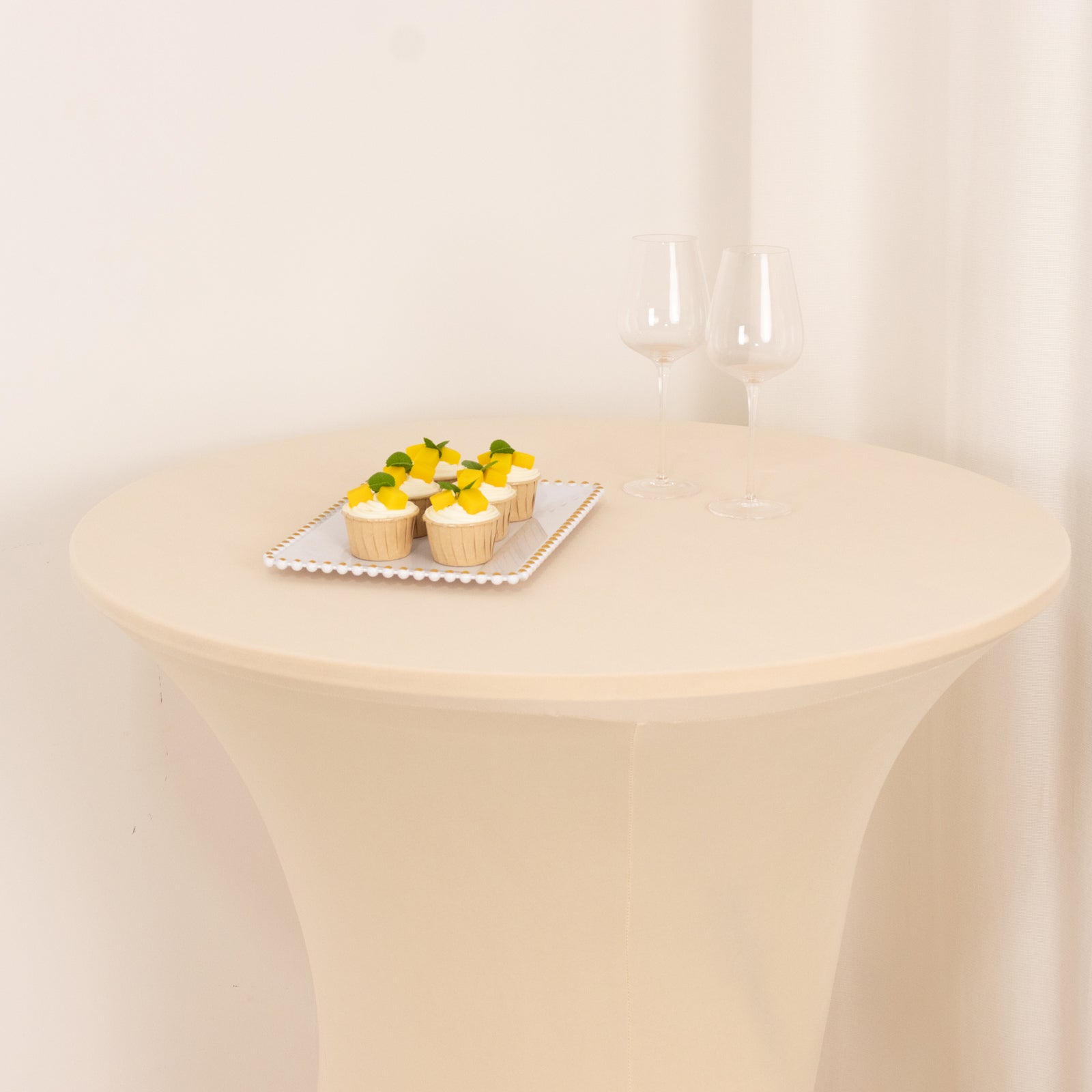Beige Spandex Stretch Fitted Cocktail Table Cover (33 - 36 Round) - Easy Maintenance