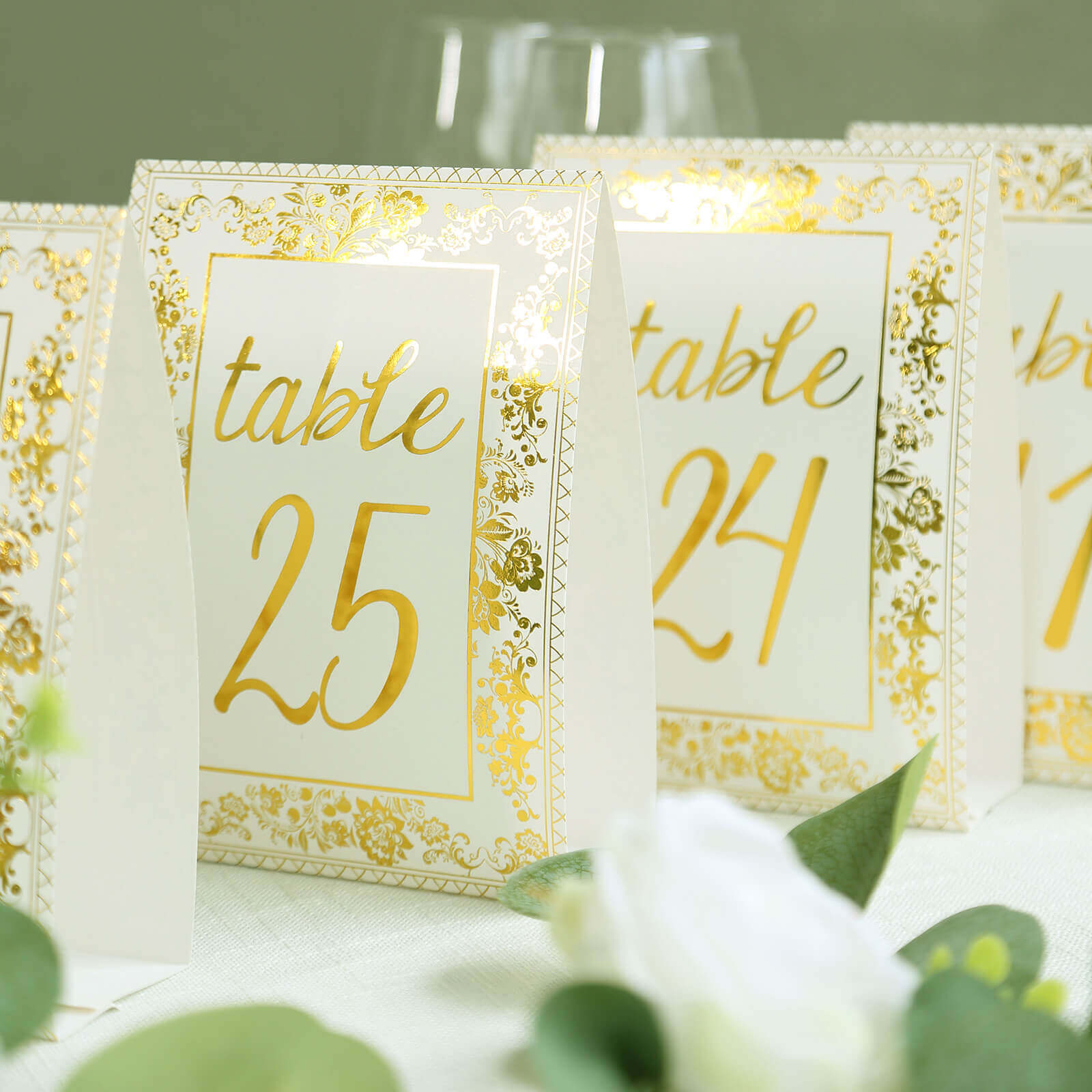 25-Piece Set of Double-Sided Free-Standing Wedding Table Numbers 1-25 in White & Metallic Gold French Toile Style