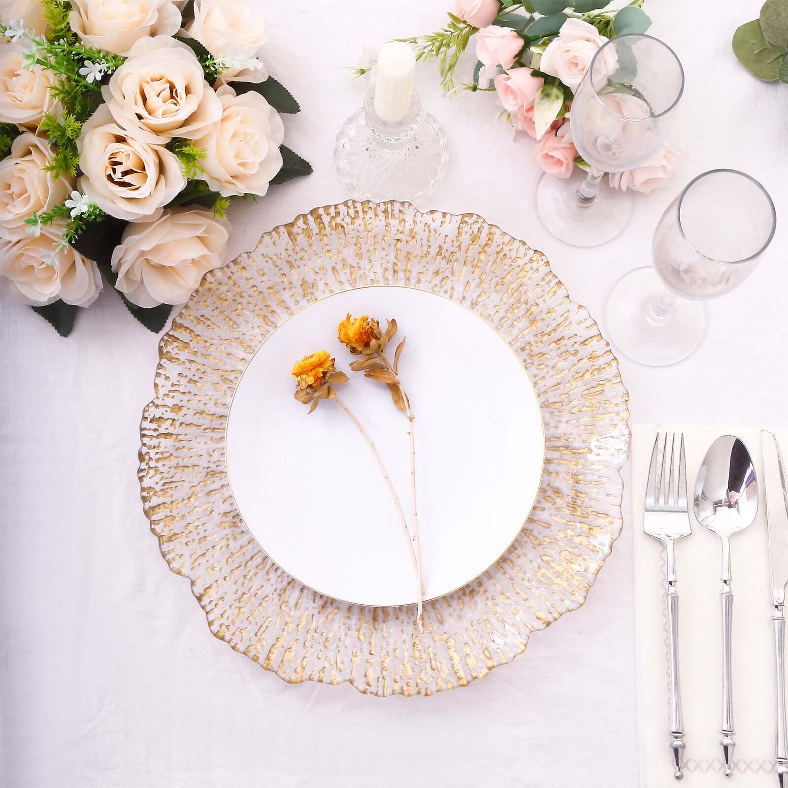Hot Sale! 6-Pack 12-Inch Clear Plastic Round Charger Plates with Gold Brushed Scalloped Reef Rim for Party Serving