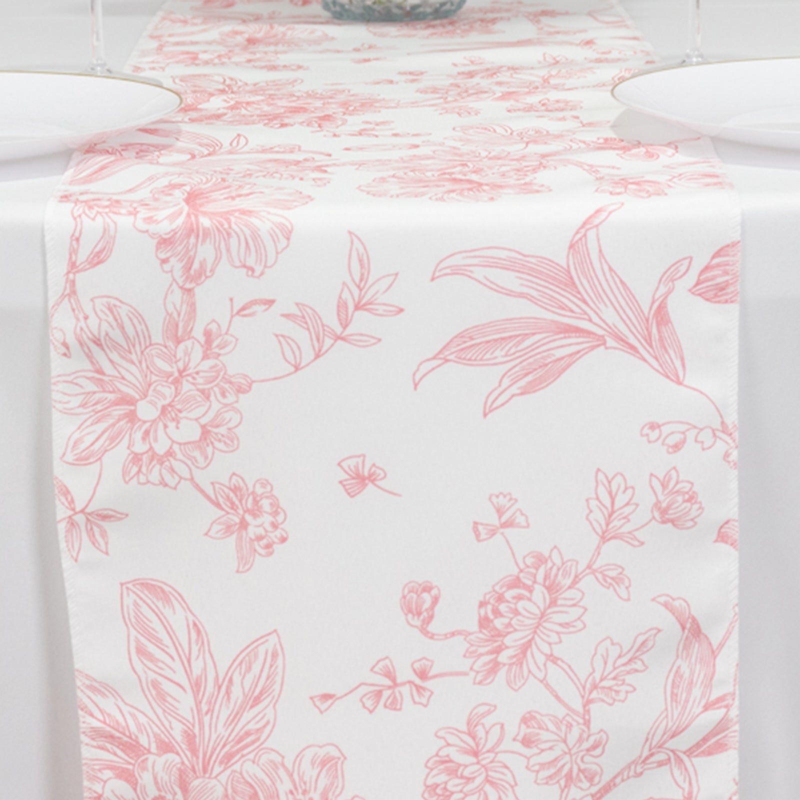 Hot Sale! Reusable White Polyester Table Runner with Pink French Toile Floral Print, 12x108