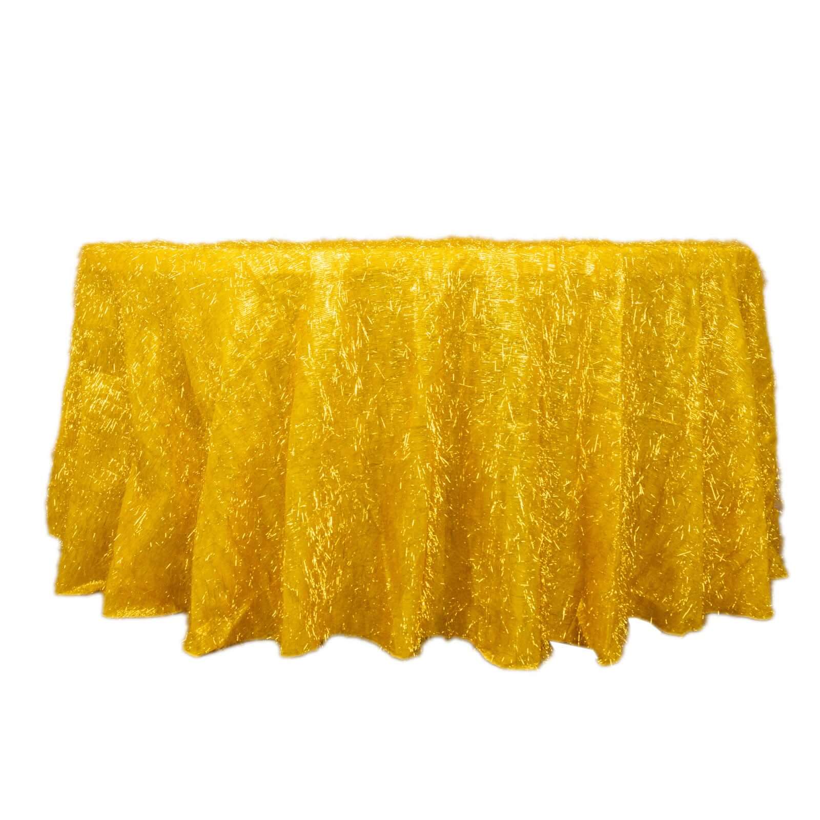 120-Inch Round Gold Polyester Tablecloth with Metallic Fringe for Weddings and Events