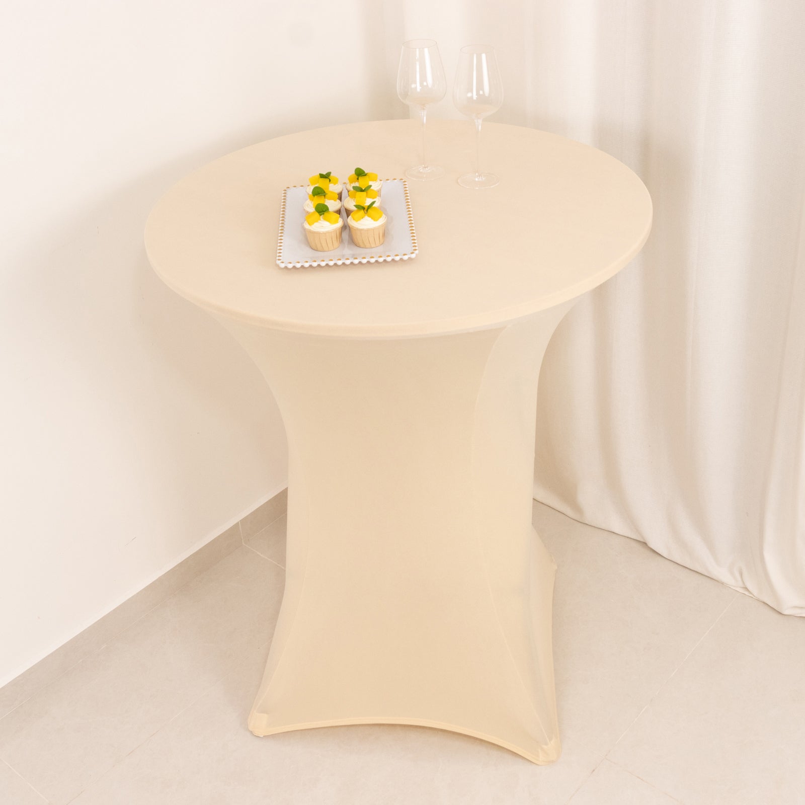 Beige Spandex Stretch Fitted Cocktail Table Cover (33 - 36 Round) - Easy Maintenance