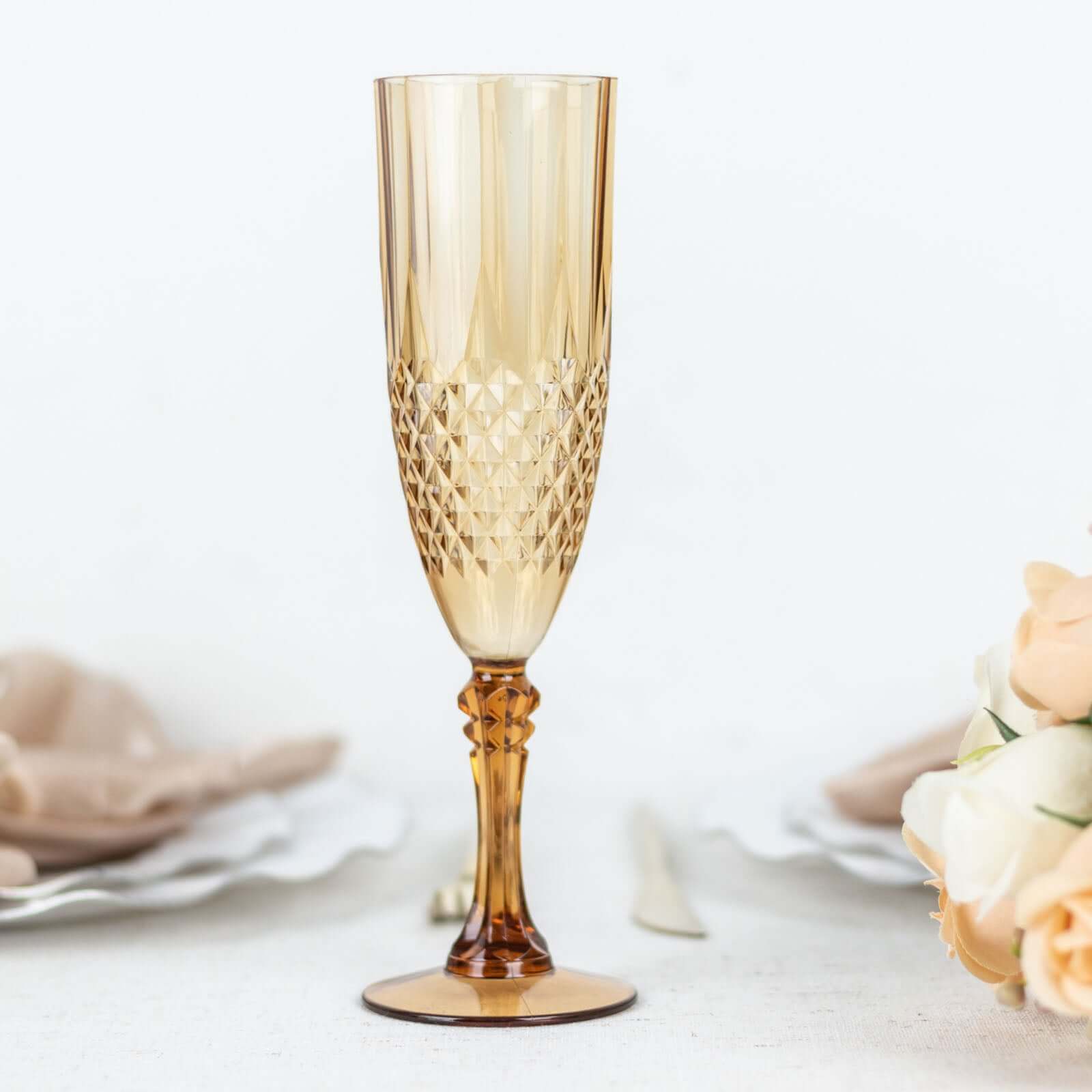 6-Piece Set of Reusable 8oz Amber Gold Plastic Champagne Toast Flutes with Crystal Cut Design