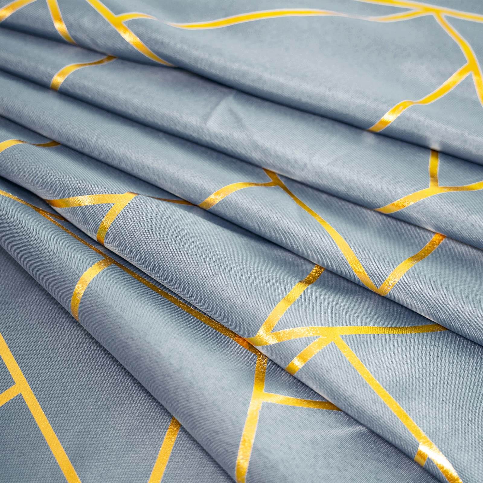 Hot Sale! Wrinkle-Resistant Seamless Polyester 120' Round Tablecloth in Dusty Blue with Gold Foil Geometric Design