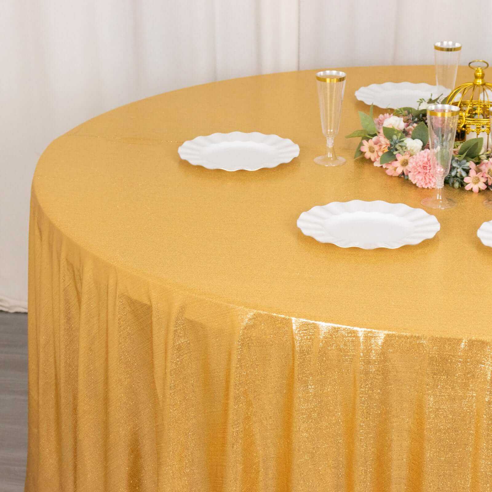 Sparkling Gold Sequin Dots Polyester 120-Inch Round Wrinkle-Free Tablecloth for Stylish Events