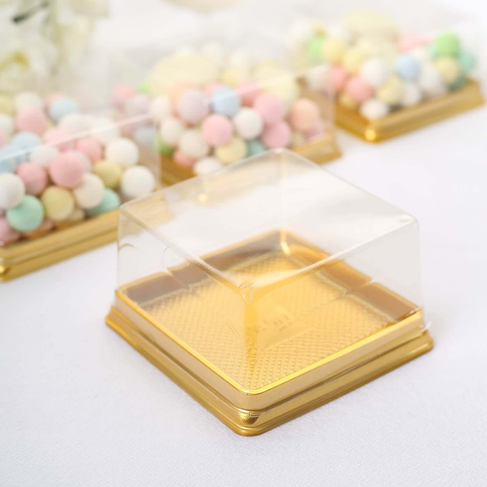 50-Pack Clear & Gold Square Mini Plastic Party Favor Boxes for Cupcakes & Desserts