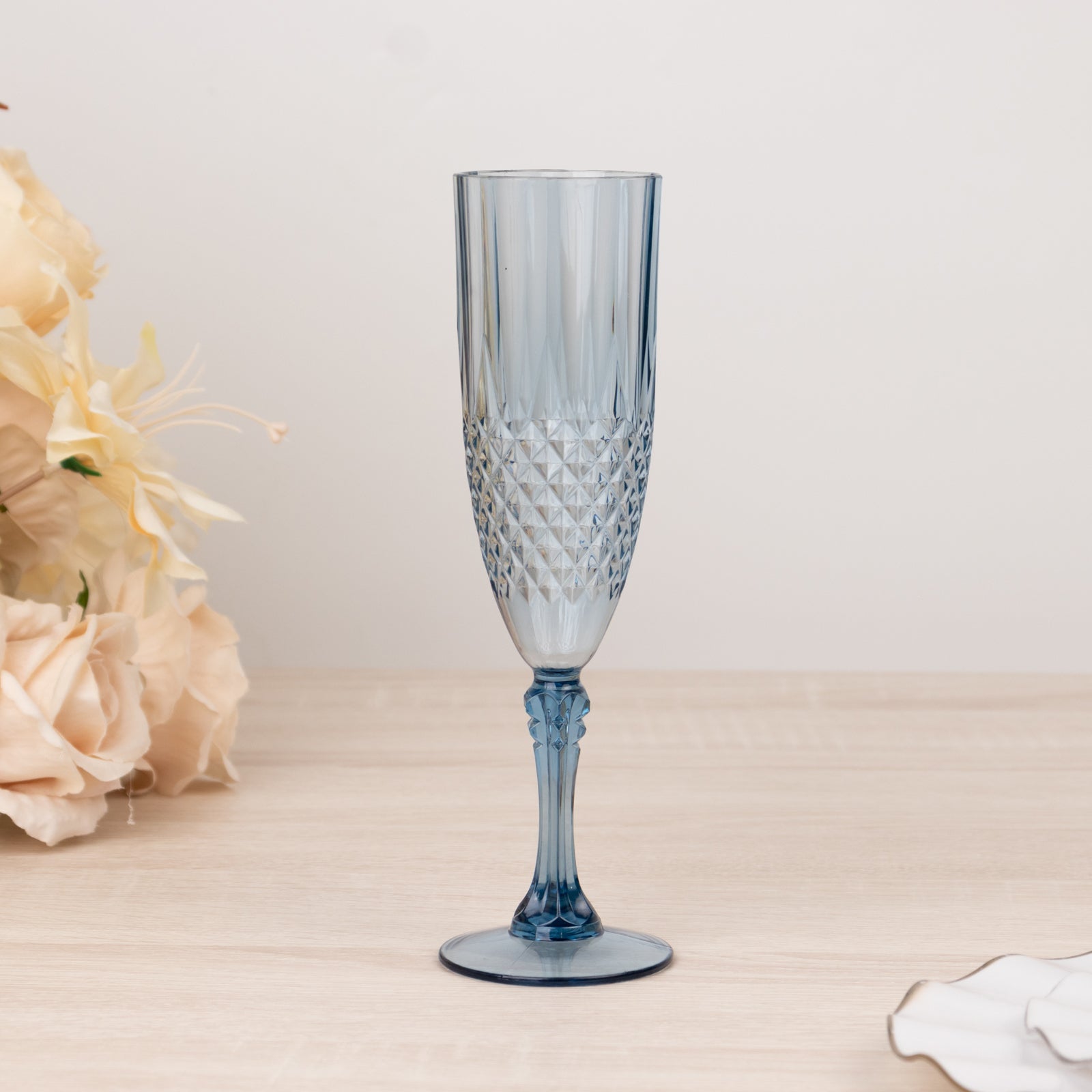 8oz Reusable Dusty Blue Plastic Wedding Toast Flutes with Crystal Cut Style - 6 Pack
