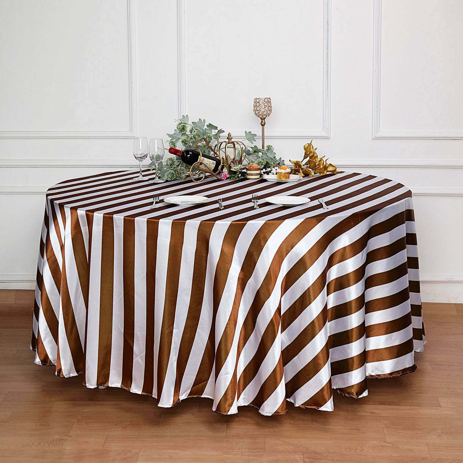 Hot Sale! 120-Inch Round Gold/White Stripe Satin Tablecloth with Seamless Smooth Finish